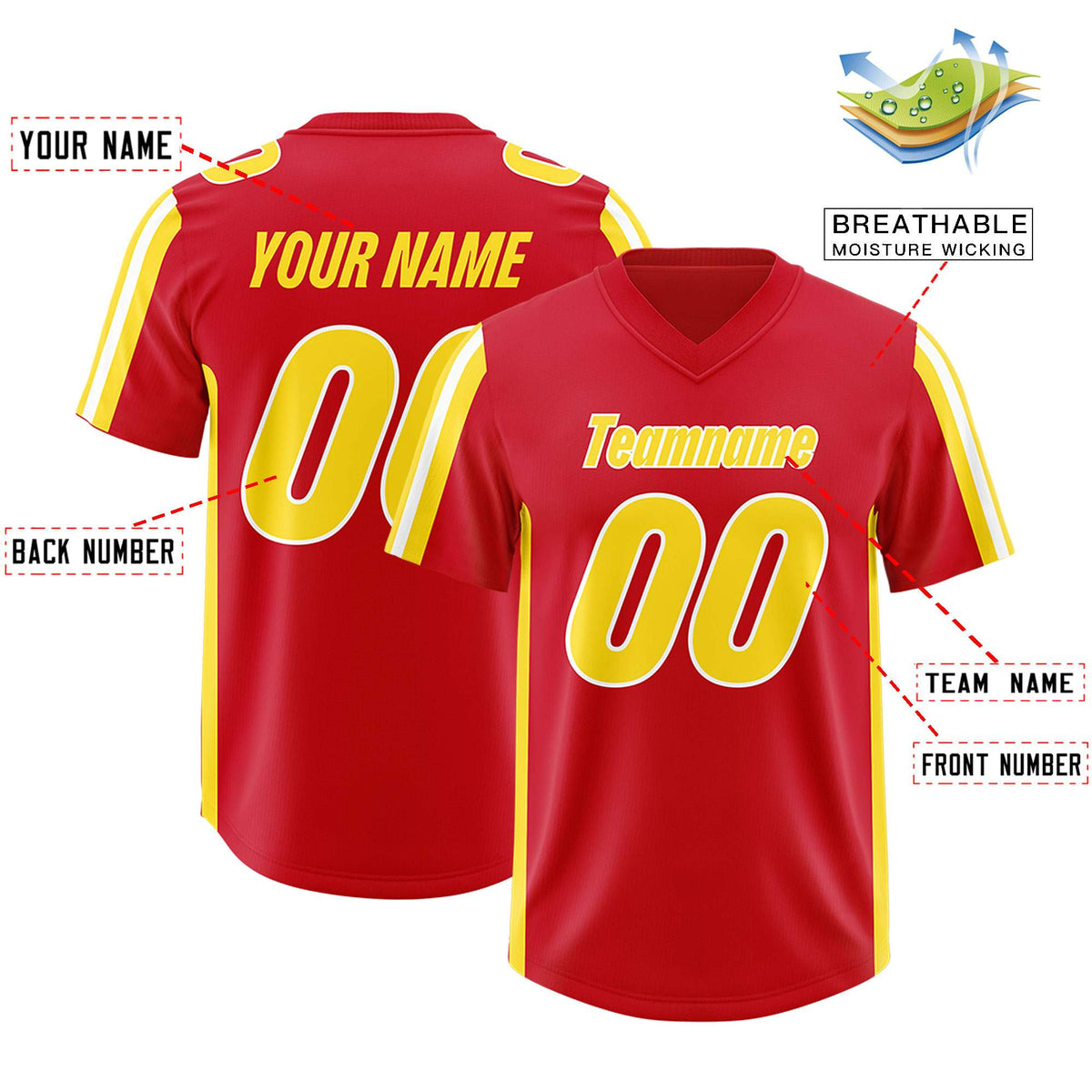 Custom Red Gold and White Side Stripe Pattern Authentic Football Jersey