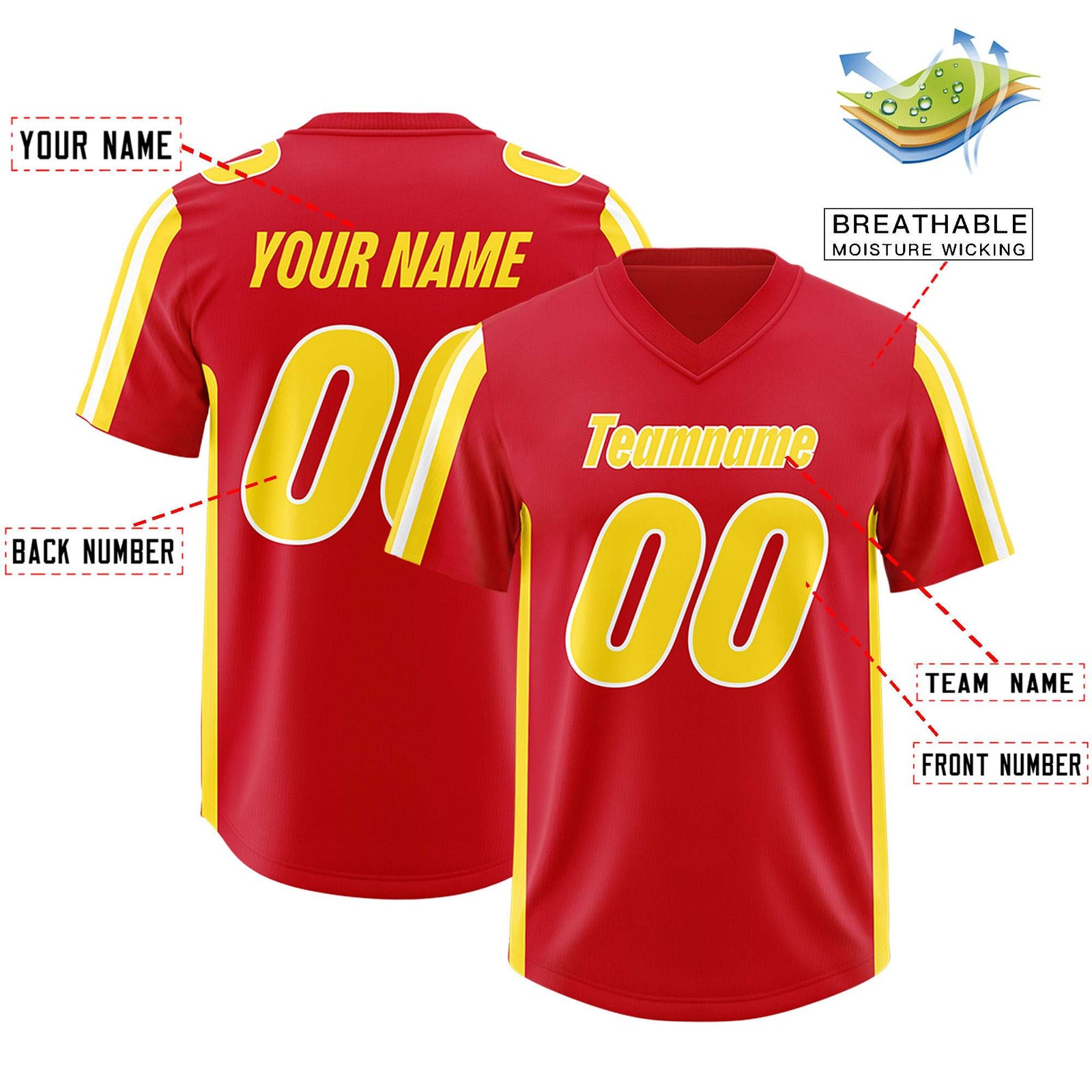 Custom Red Gold and White Side Stripe Pattern Authentic Football Jersey