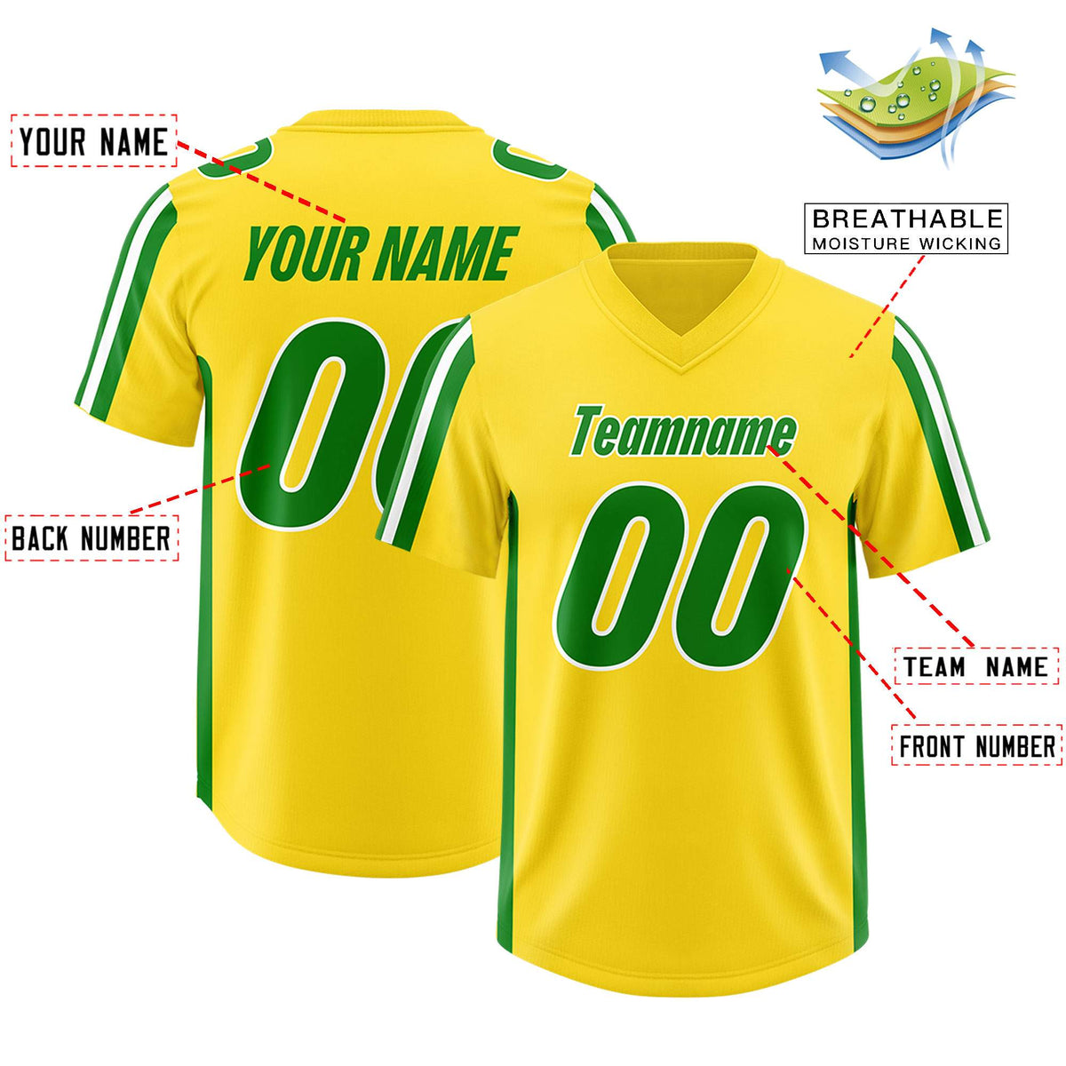 Custom Gold Kelly Green and White Side Stripe Pattern Authentic Football Jersey