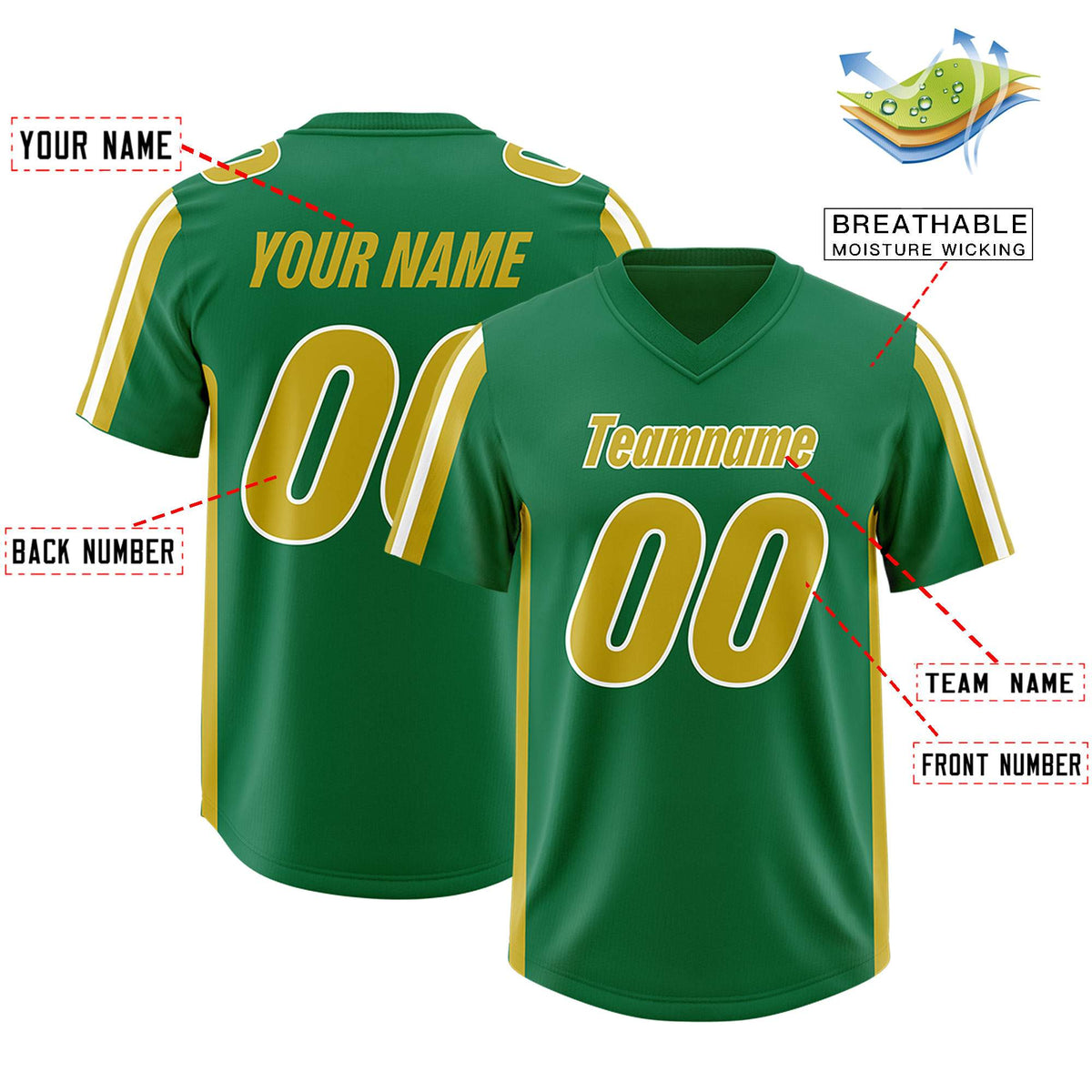 Custom Kelly Green Old Gold and White Side Stripe Pattern Authentic Football Jersey