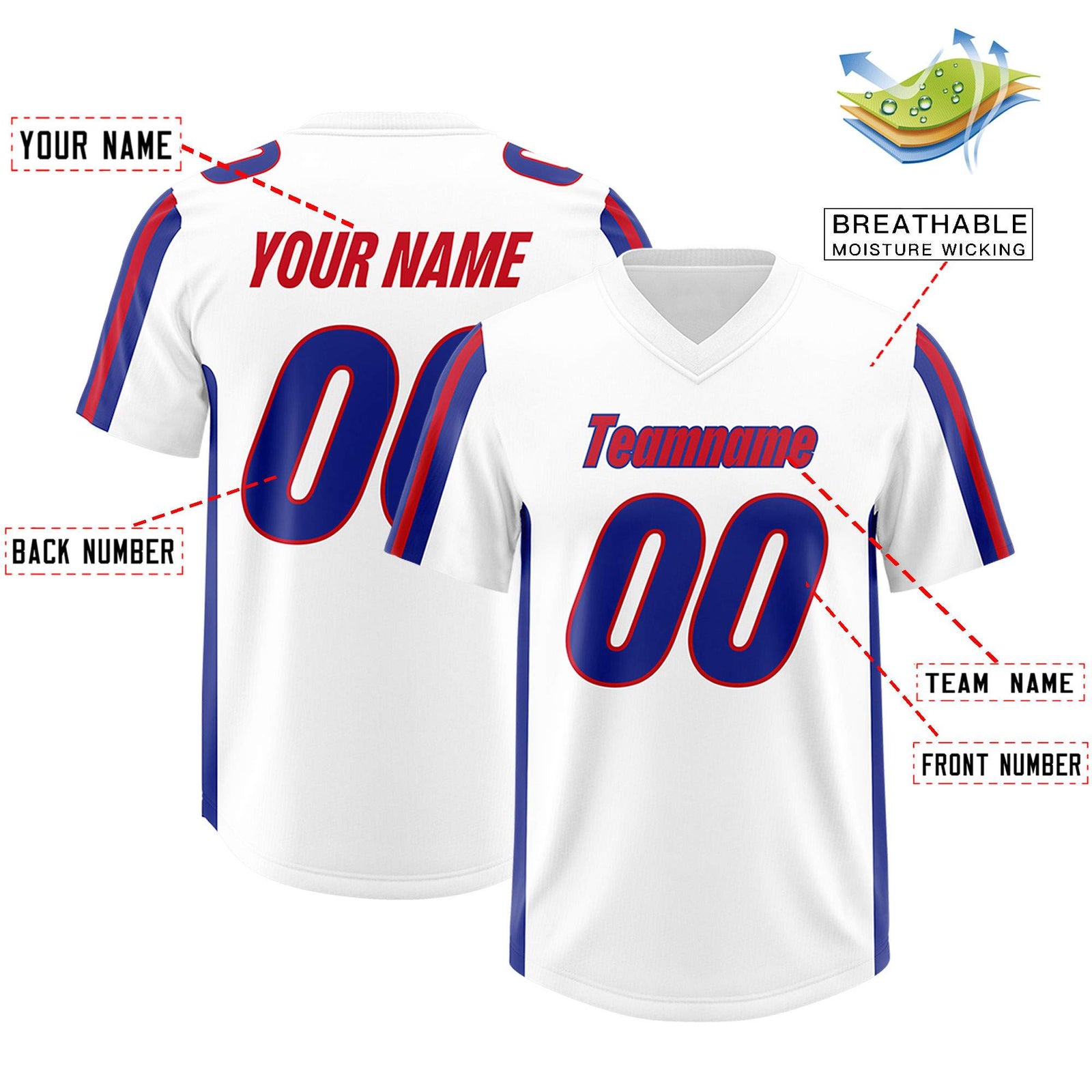 Custom White Royal and Red Side Stripe Pattern Authentic Football Jersey