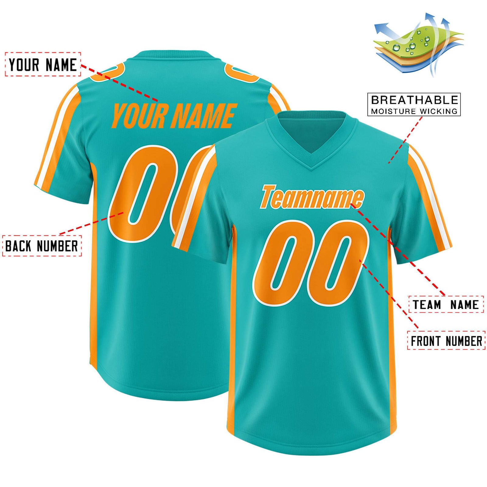 Custom Aqua Orange and White Side Stripe Pattern Authentic Football Jersey