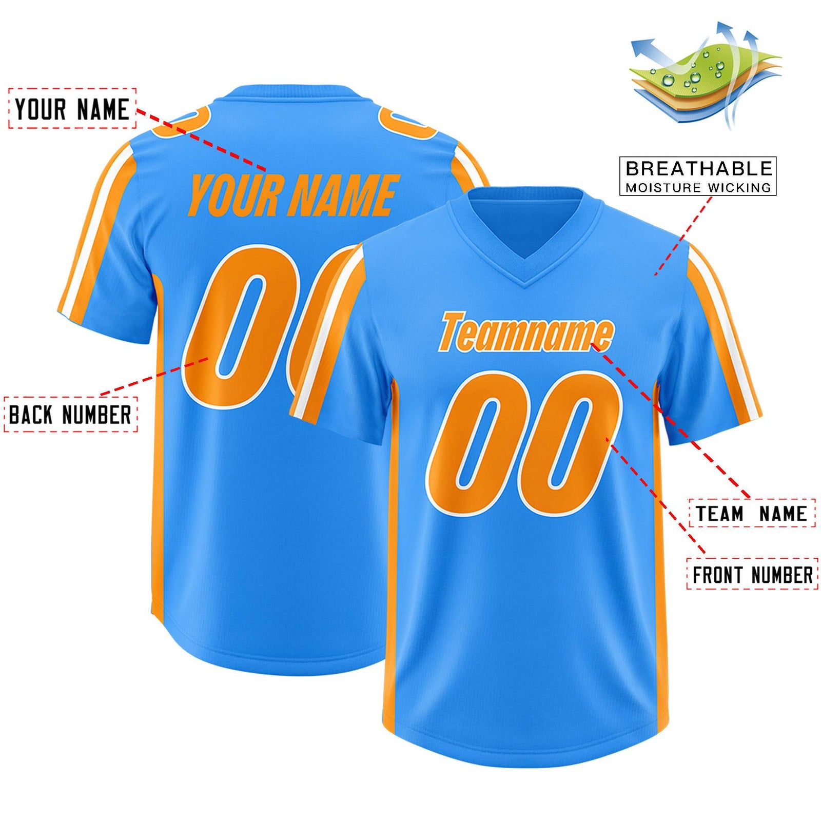 Custom Light Blue Orange and White Side Stripe Pattern Authentic Football Jersey