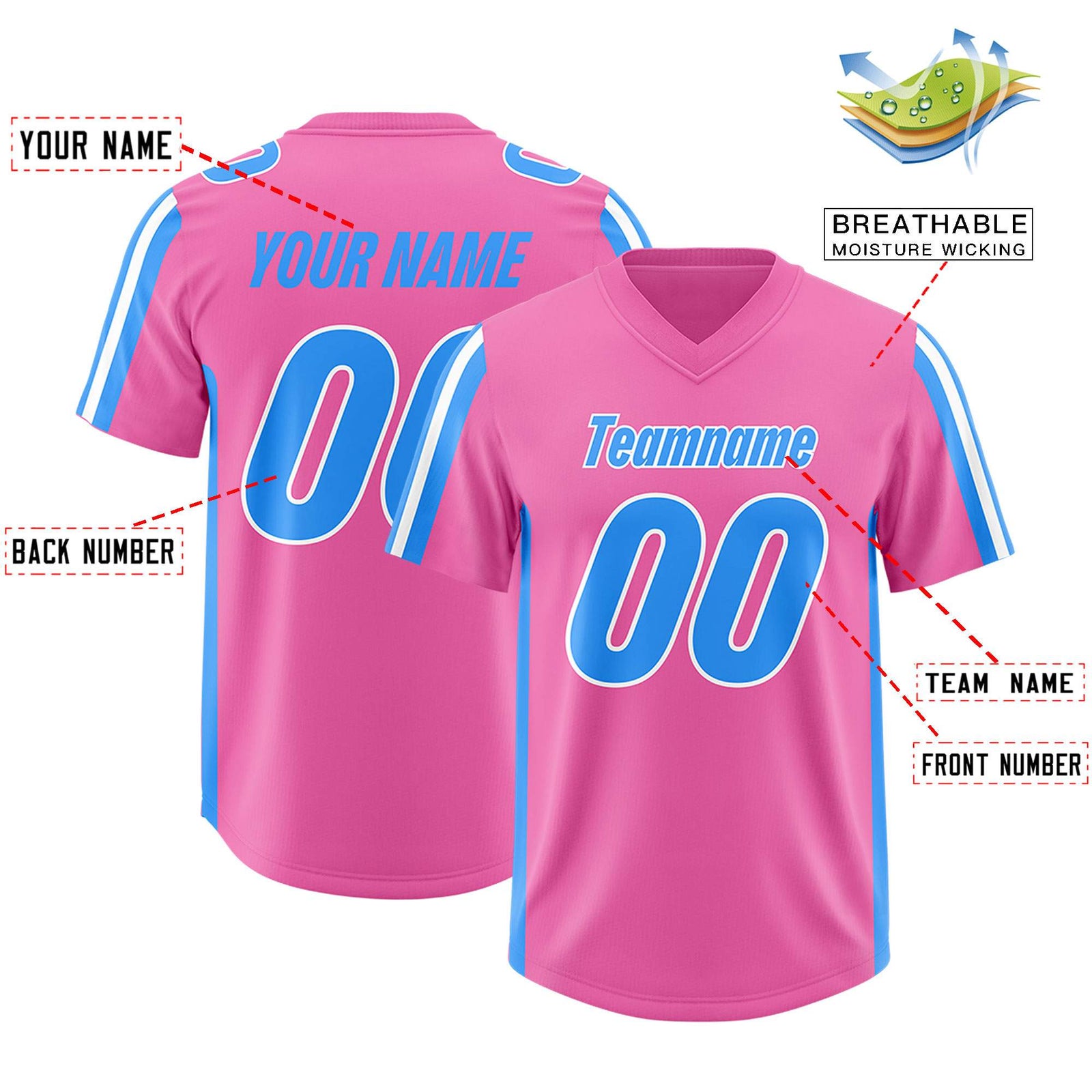 Custom Pink Light Blue and White Side Stripe Pattern Authentic Football Jersey
