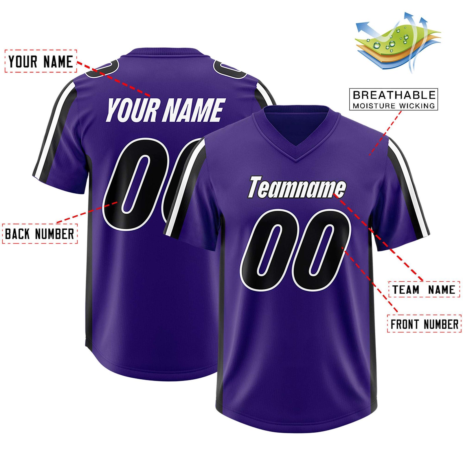 Custom Purple Black and White Side Stripe Pattern Authentic Football Jersey