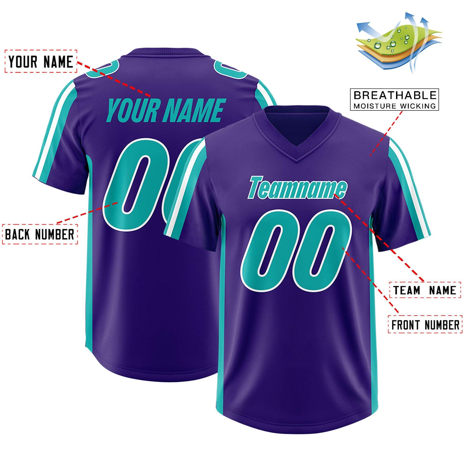 Custom Purple Aqua and White Side Stripe Pattern Authentic Football Jersey