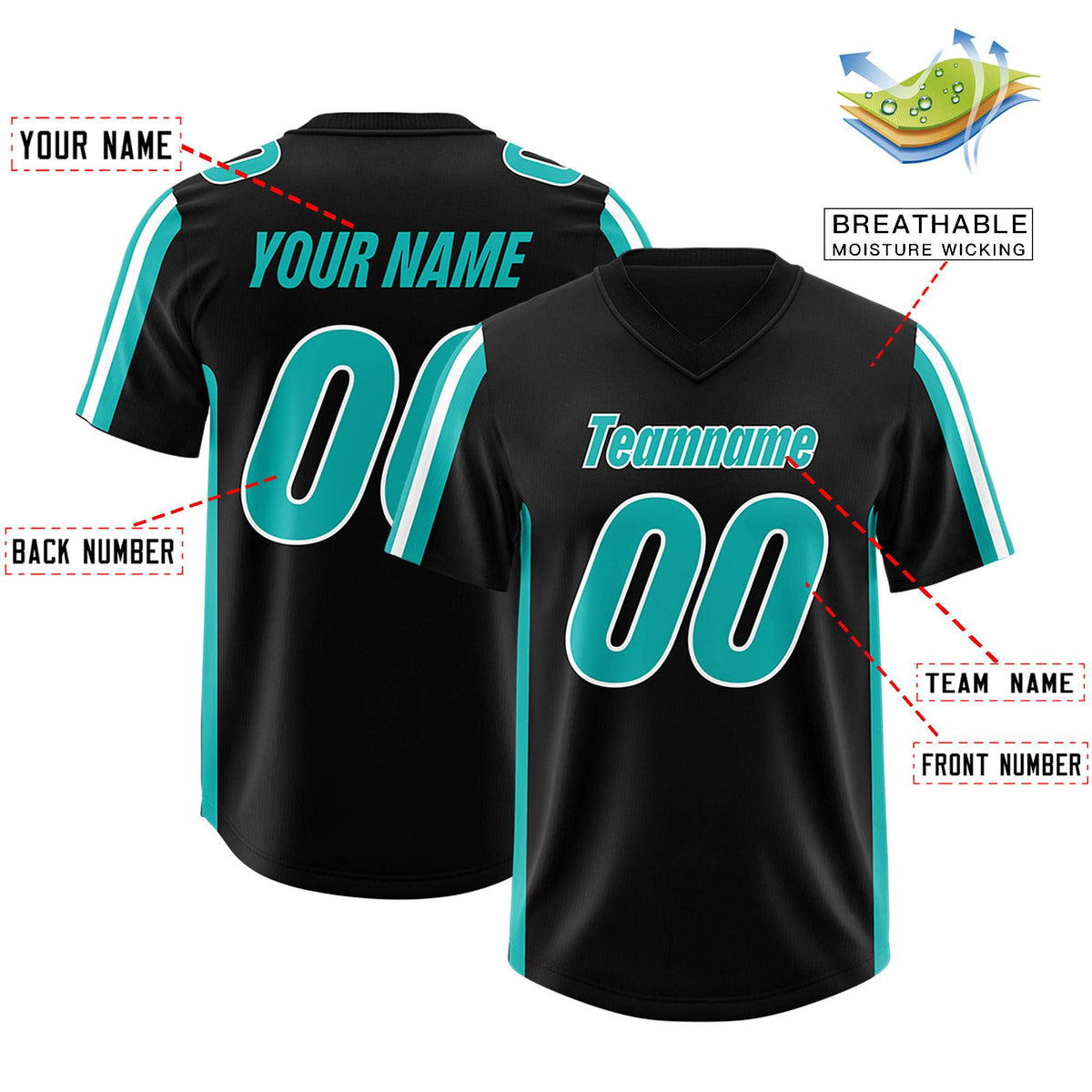 Custom Black Aqua and White Side Stripe Pattern Authentic Football Jersey
