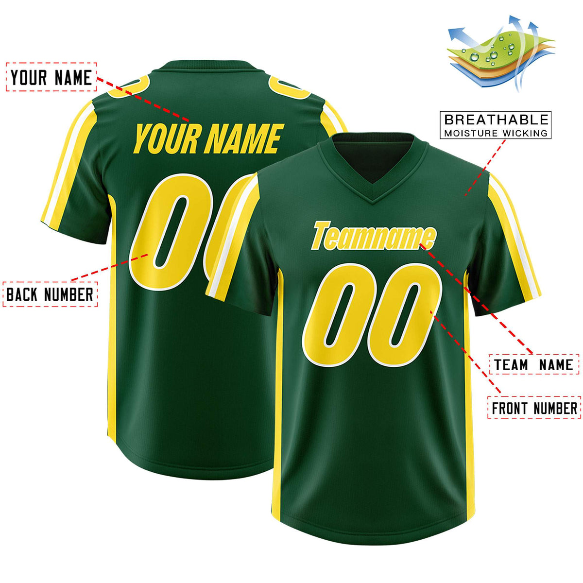 Custom Green Gold and White Side Stripe Pattern Authentic Football Jersey