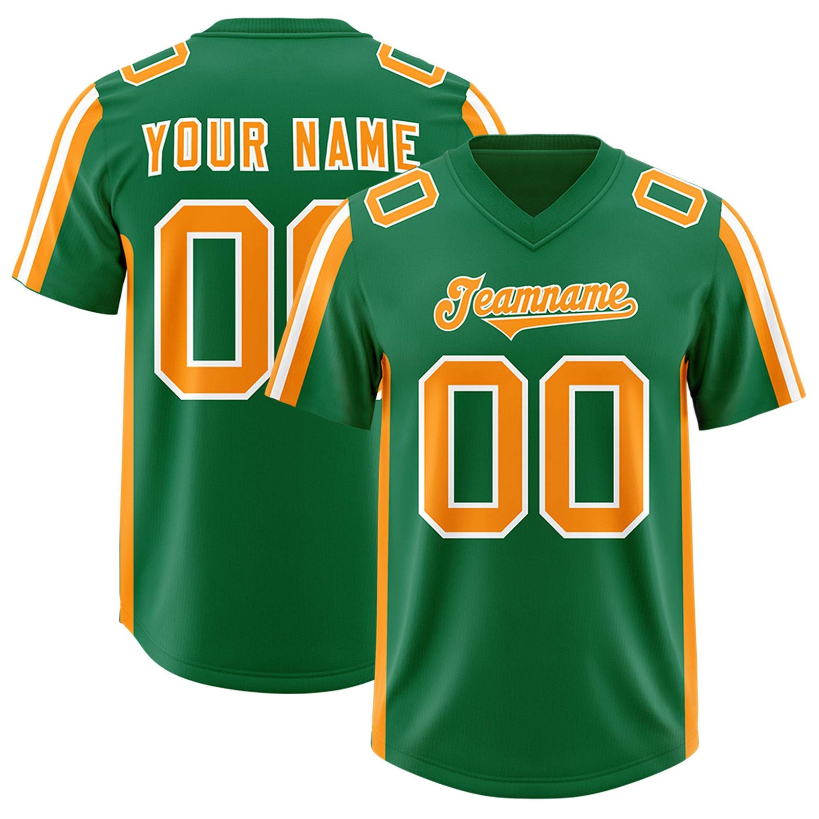 Custom Kelly Green Gold Orange and White Side Stripe Pattern Authentic Football Jersey