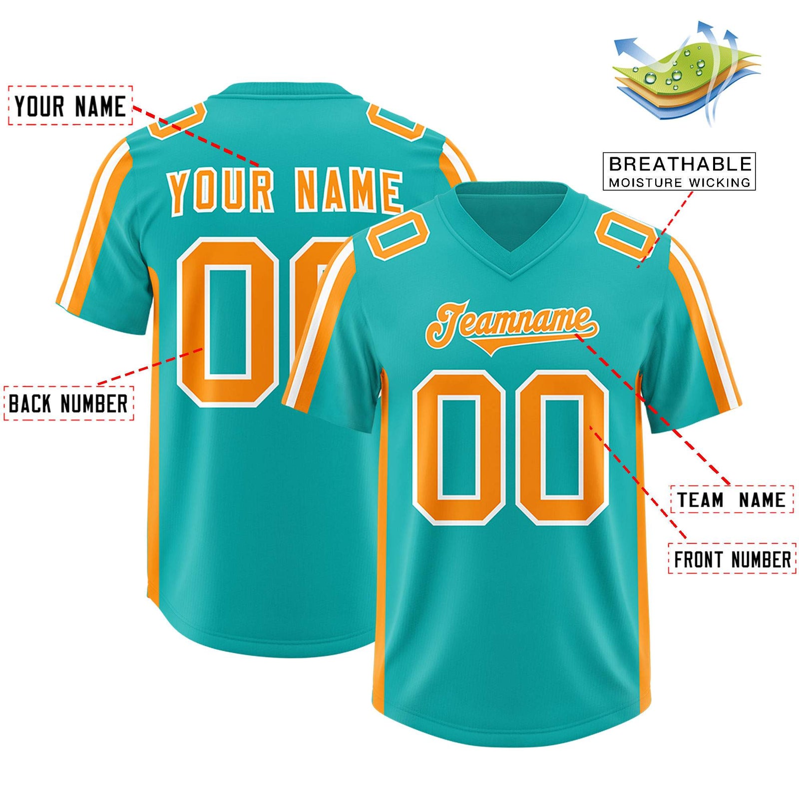 Custom Aqua Orange and White Side Stripe Pattern Authentic Football Jersey