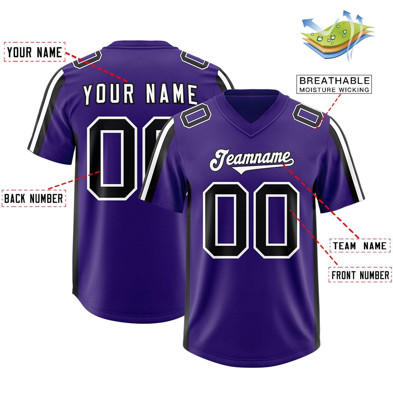 Custom Purple Black and White Side Stripe Pattern Authentic Football Jersey