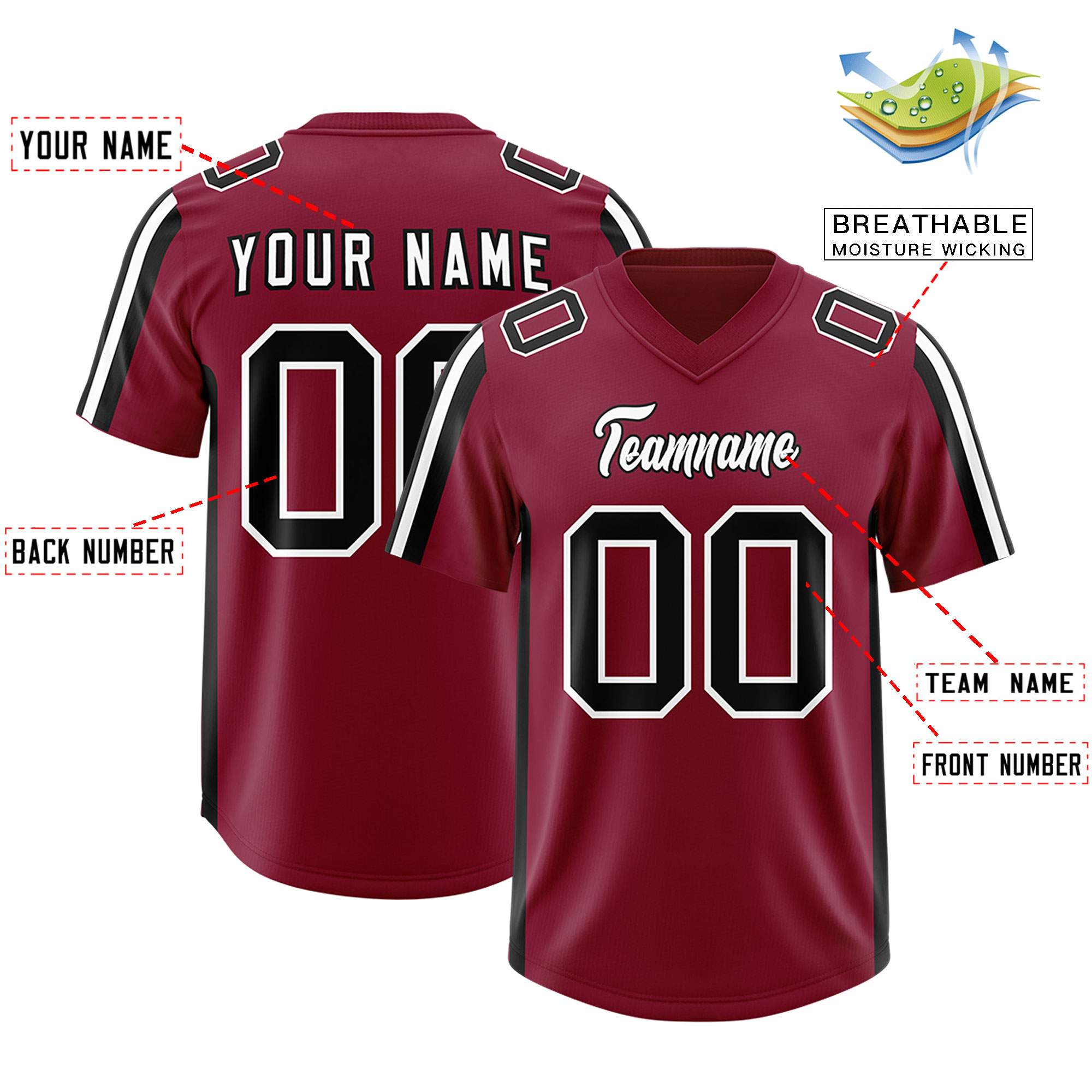 Custom Cardinal Black and White Side Stripe Pattern Authentic Football Jersey