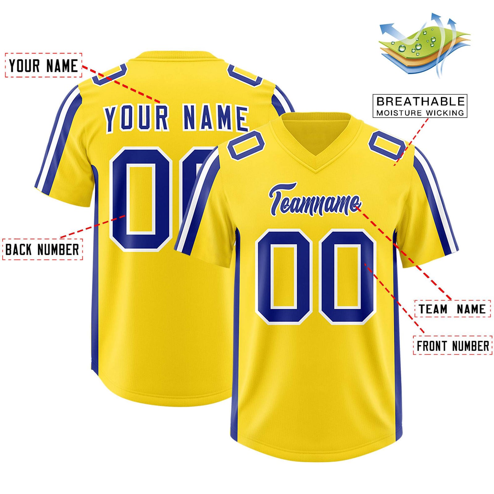 Custom Gold Royal and White Side Stripe Pattern Authentic Football Jersey