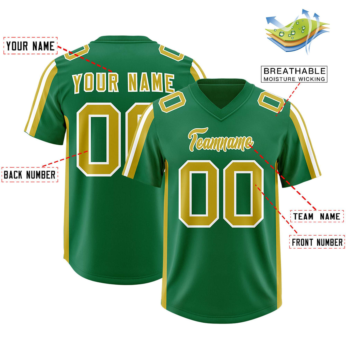 Custom Kelly Green Old Gold and White Side Stripe Pattern Authentic Football Jersey