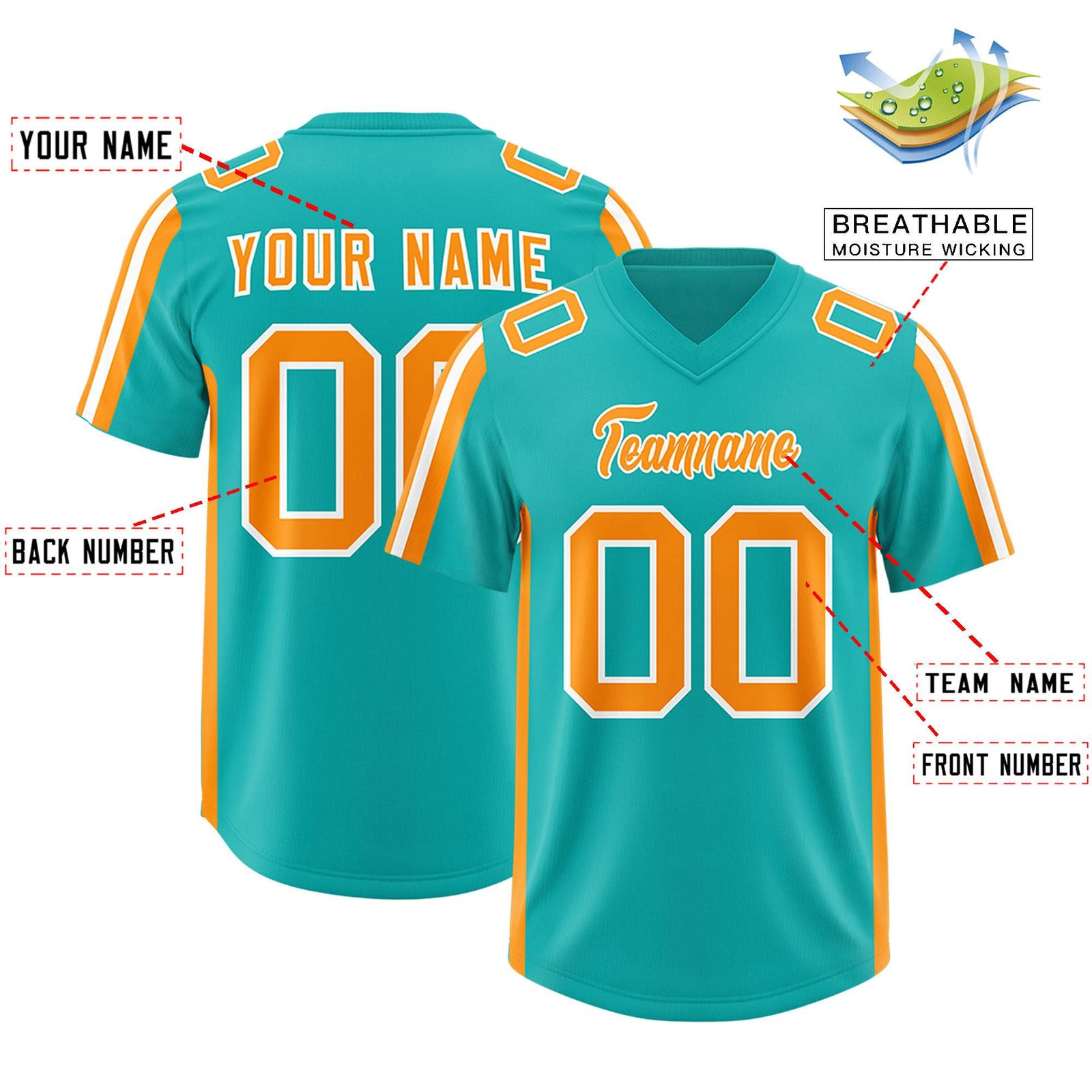 Custom Aqua Orange and White Side Stripe Pattern Authentic Football Jersey