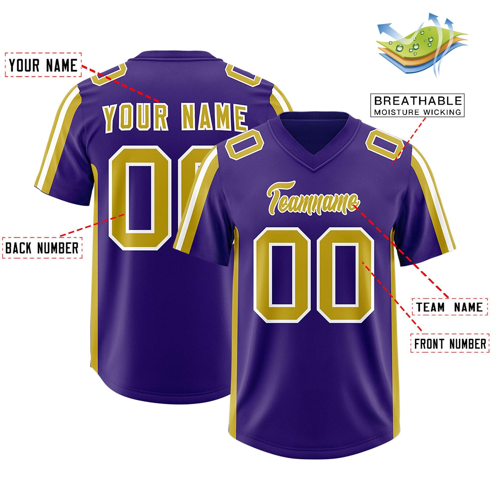 Custom Purple Old Gold and White Side Stripe Pattern Authentic Football Jersey