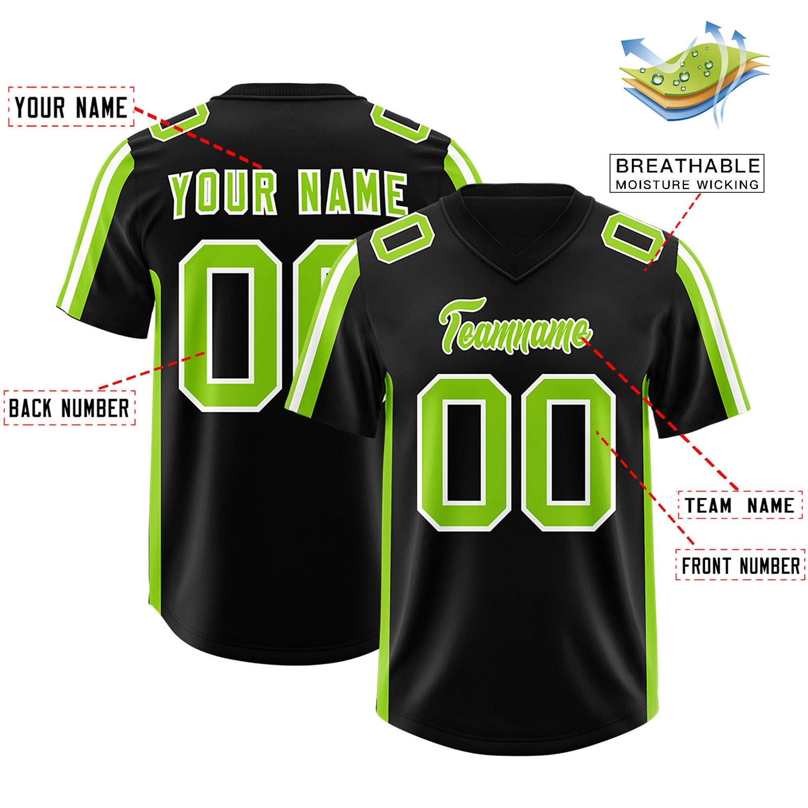 Custom Black Neon Green and White Side Stripe Pattern Authentic Football Jersey