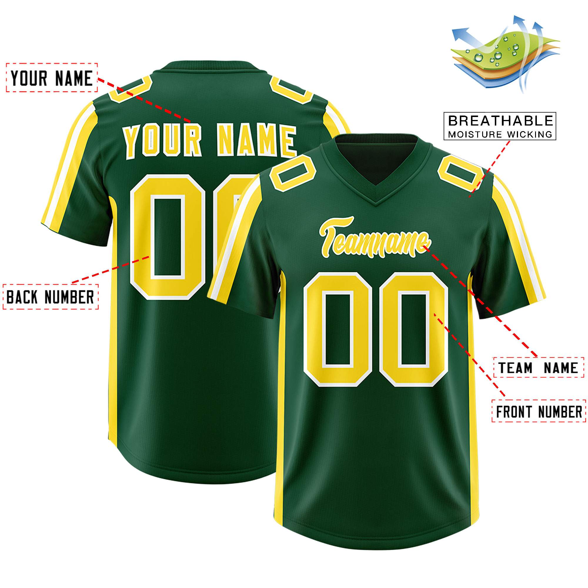 Custom Green Gold and White Side Stripe Pattern Authentic Football Jersey