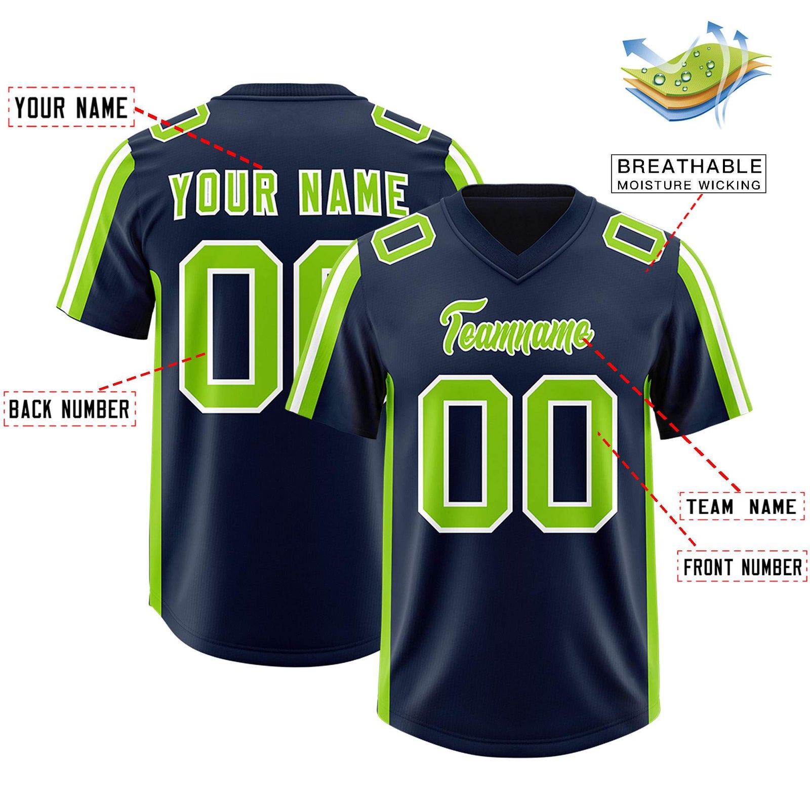 Custom Navy Neon Green and White Side Stripe Pattern Authentic Football Jersey