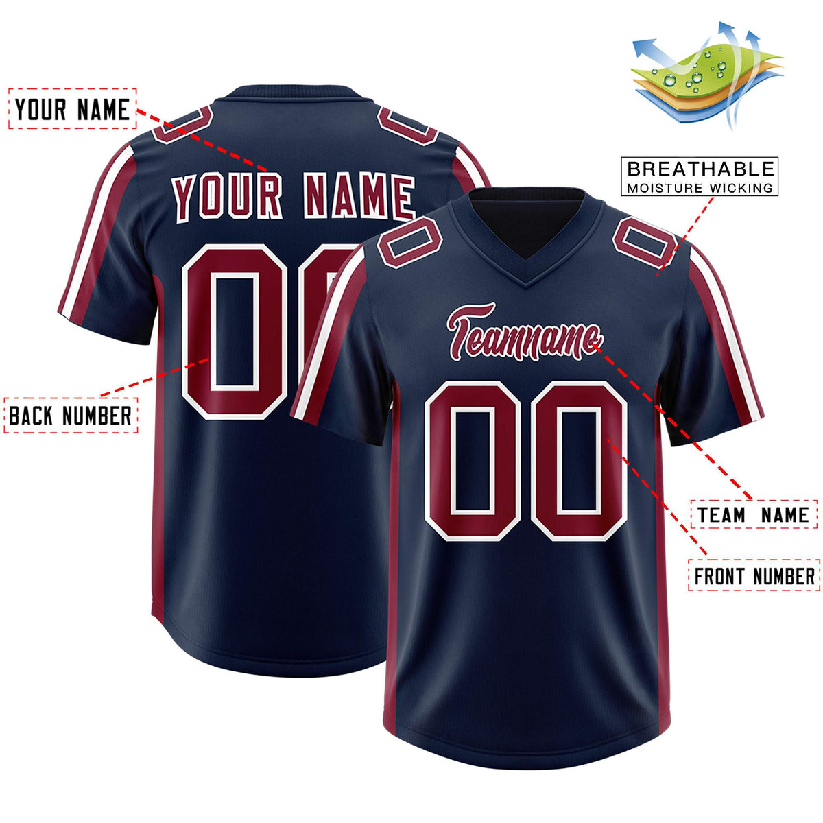 Custom Navy Cardinal and White Side Stripe Pattern Authentic Football Jersey