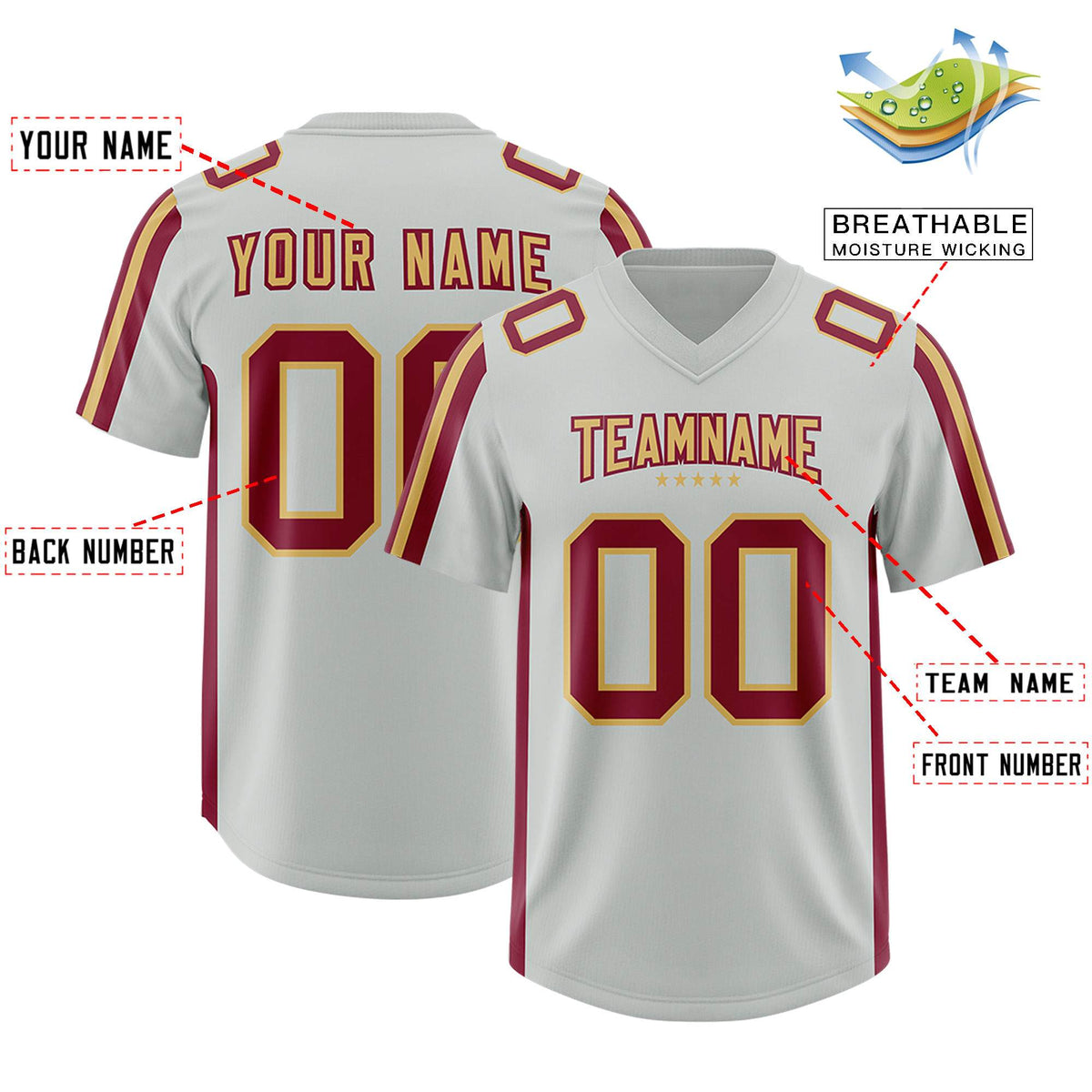 Custom Gray Crimson and Old Gold Side Stripe Pattern Authentic Football Jersey