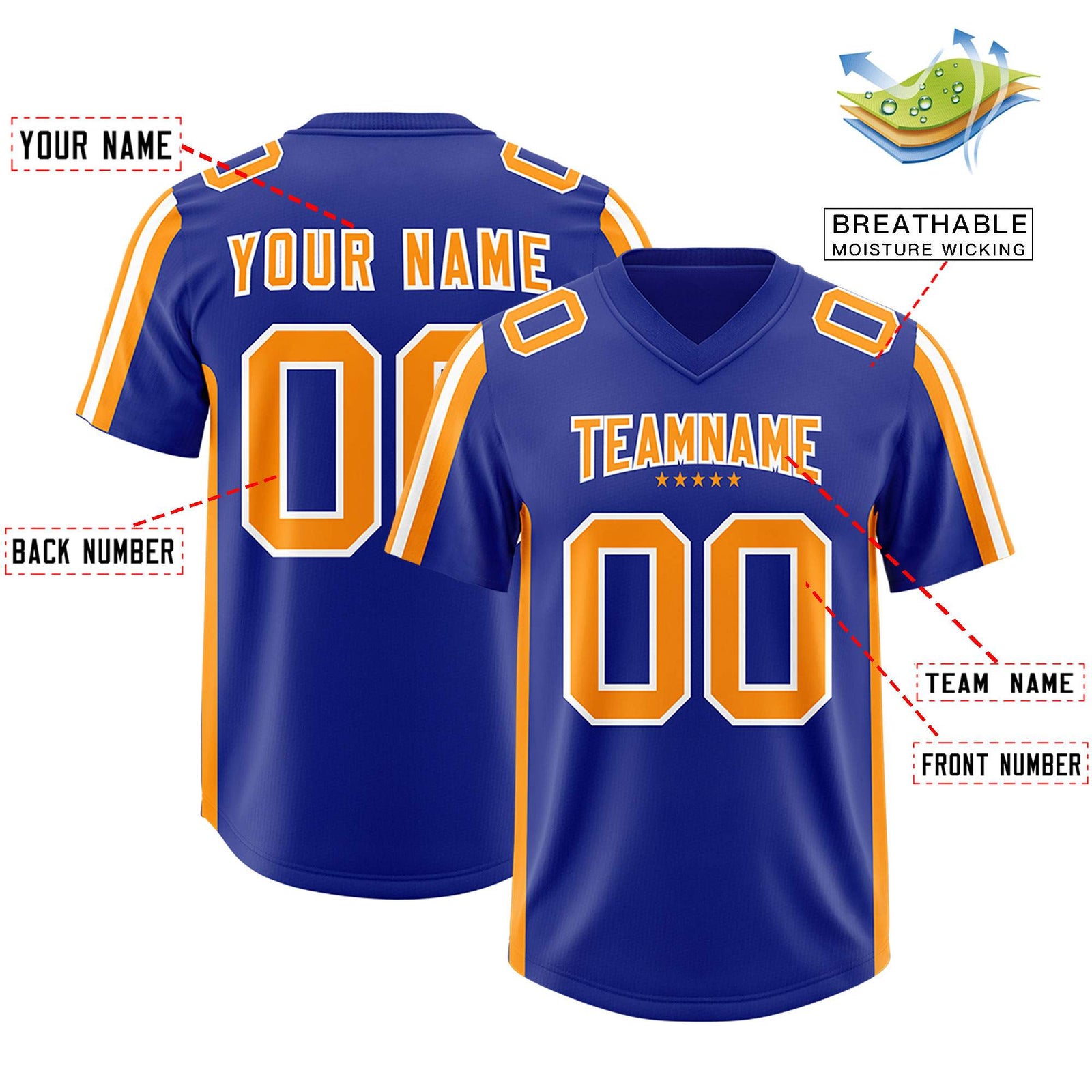 Custom Royal Gold Orange and White Side Stripe Pattern Authentic Football Jersey