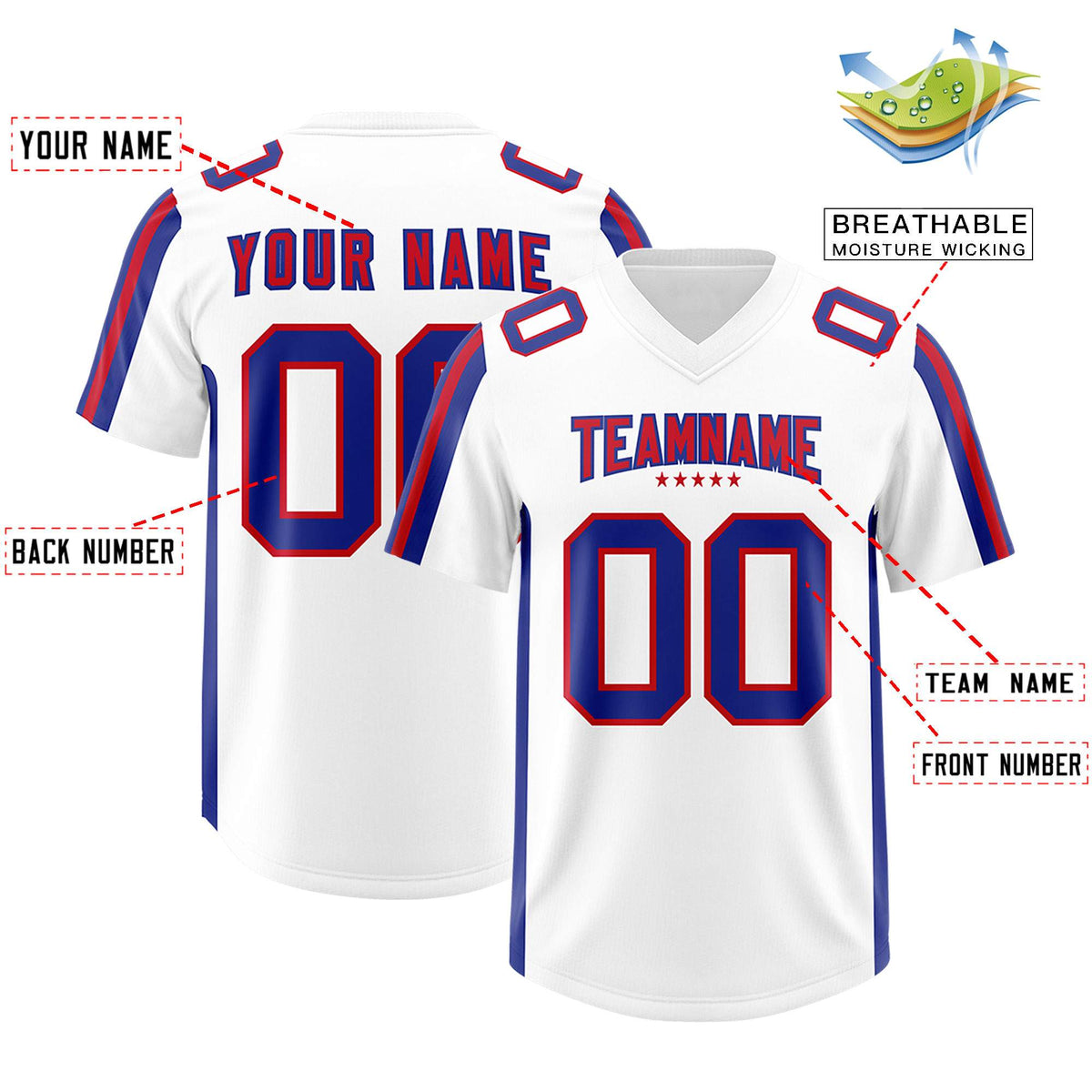 Custom White Royal and Red Side Stripe Pattern Authentic Football Jersey
