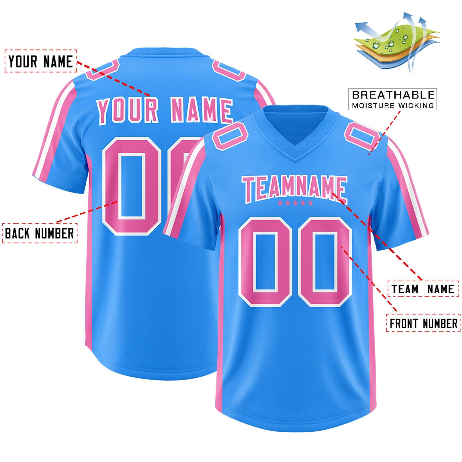 Custom Light Blue Pink and White Side Stripe Pattern Authentic Football Jersey