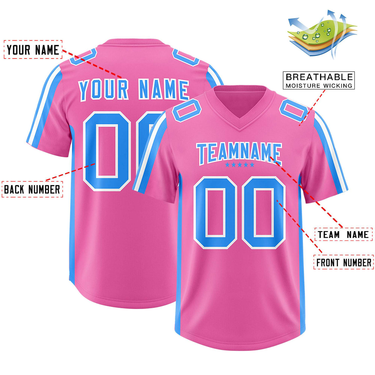 Custom Pink Light Blue and White Side Stripe Pattern Authentic Football Jersey