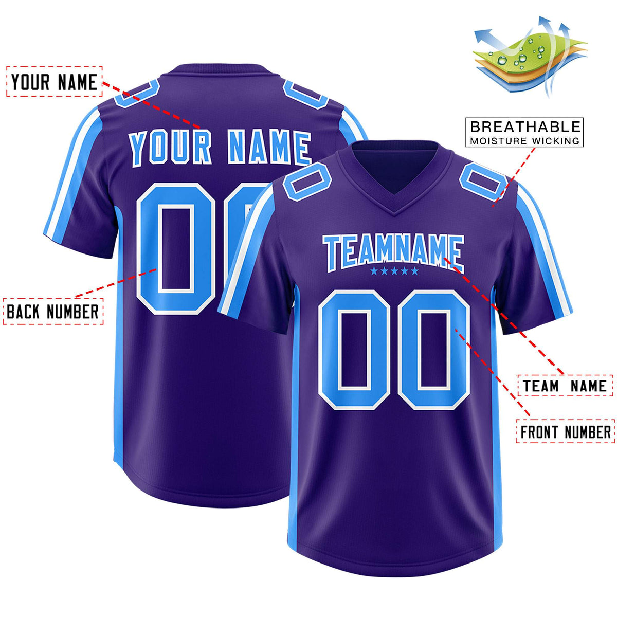 Custom Purple Light Blue and White Side Stripe Pattern Authentic Football Jersey