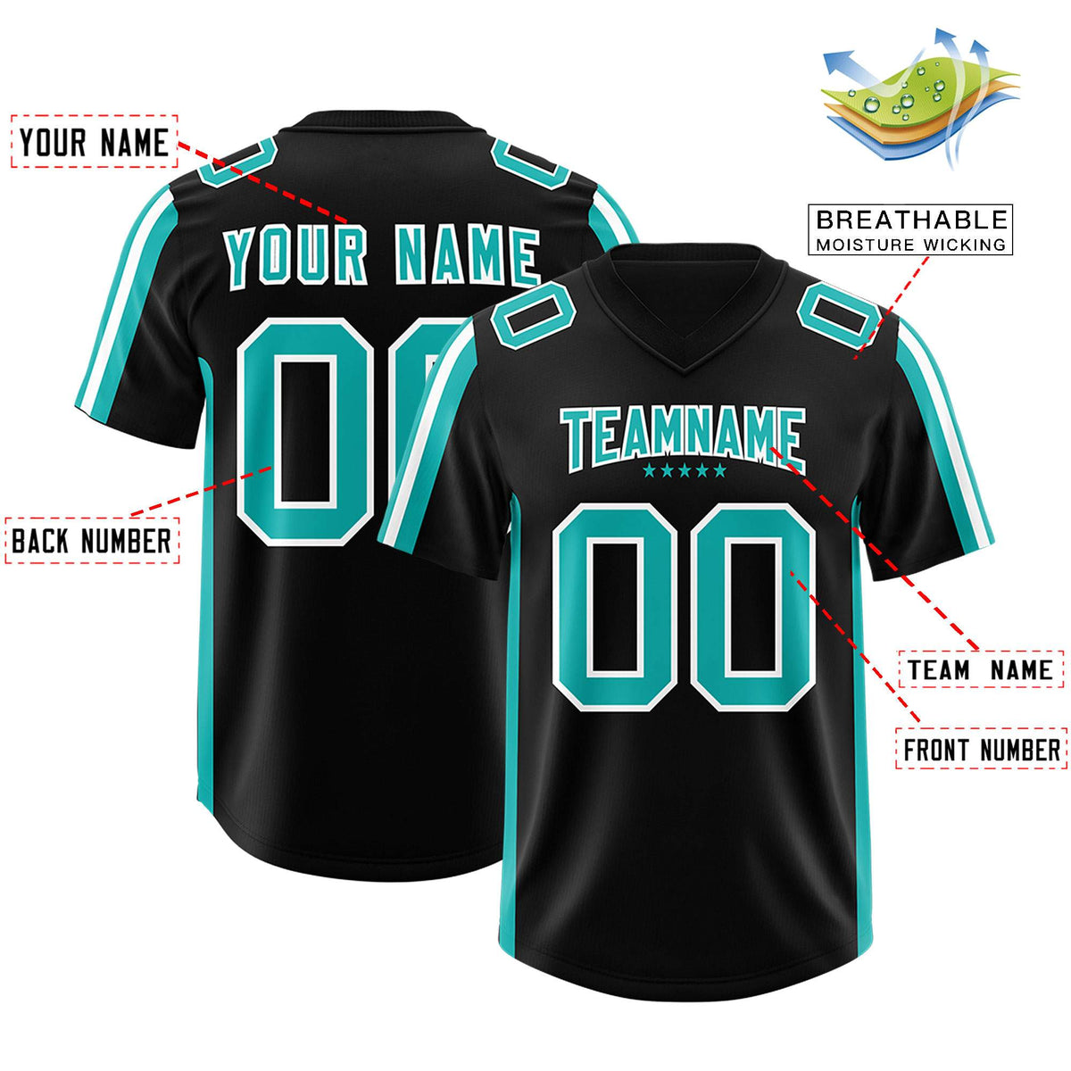 Custom Black Aqua and White Side Stripe Pattern Authentic Football Jersey