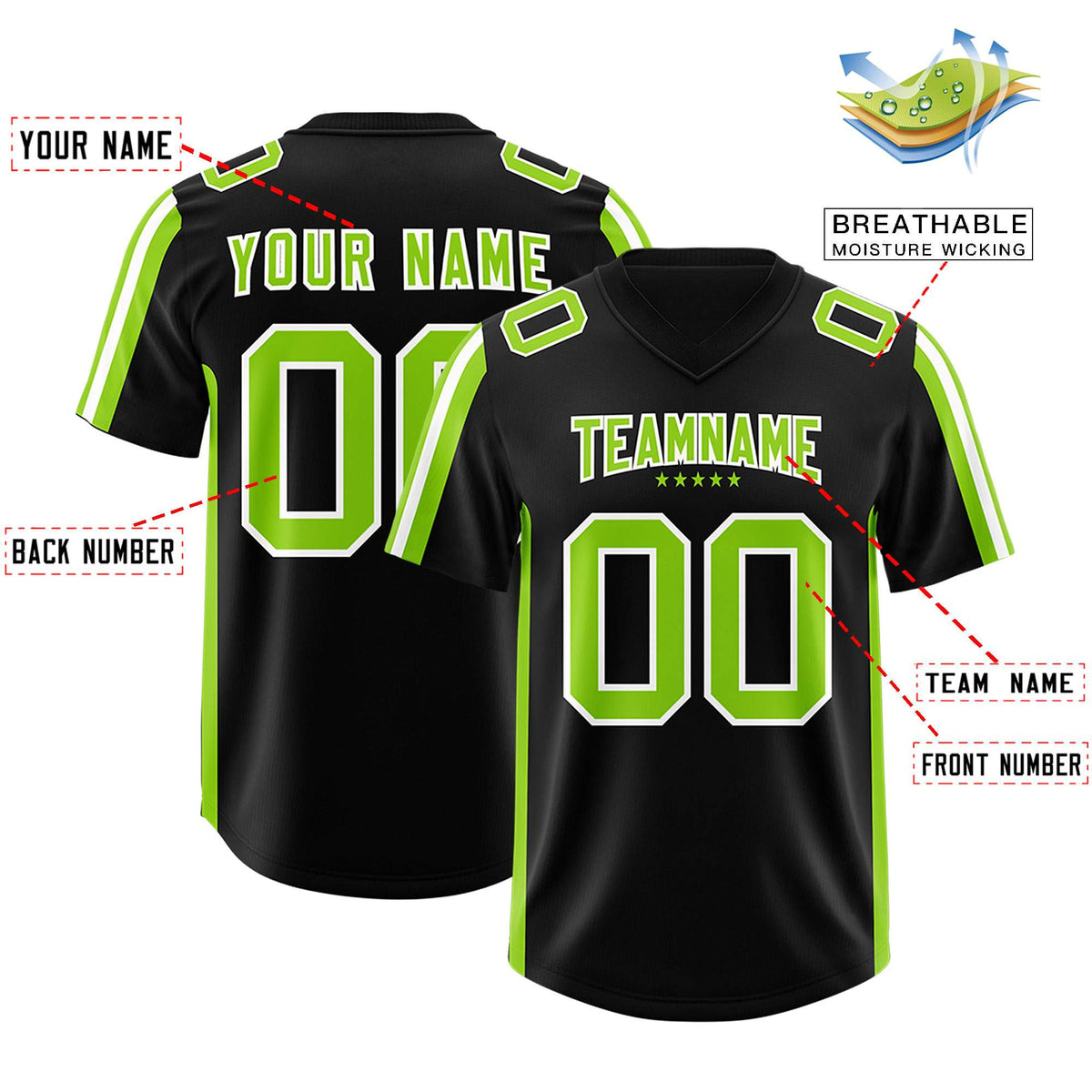 Custom Black Neon Green and White Side Stripe Pattern Authentic Football Jersey