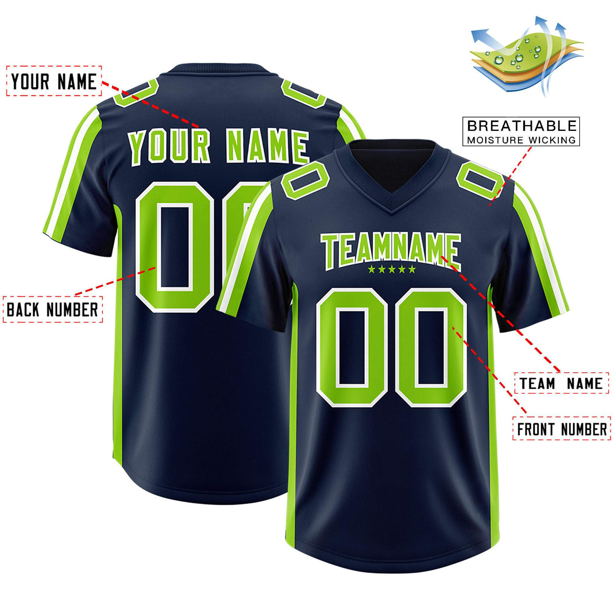 Custom Navy Neon Green and White Side Stripe Pattern Authentic Football Jersey