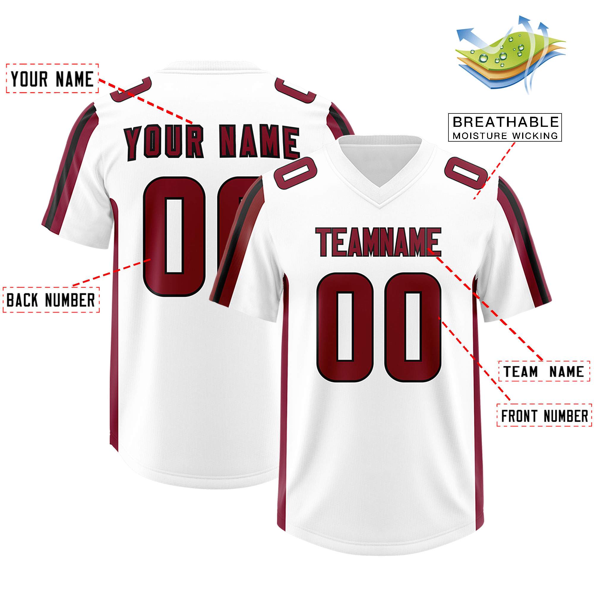 Custom White Cardinal and Black Side Stripe Pattern Authentic Football Jersey