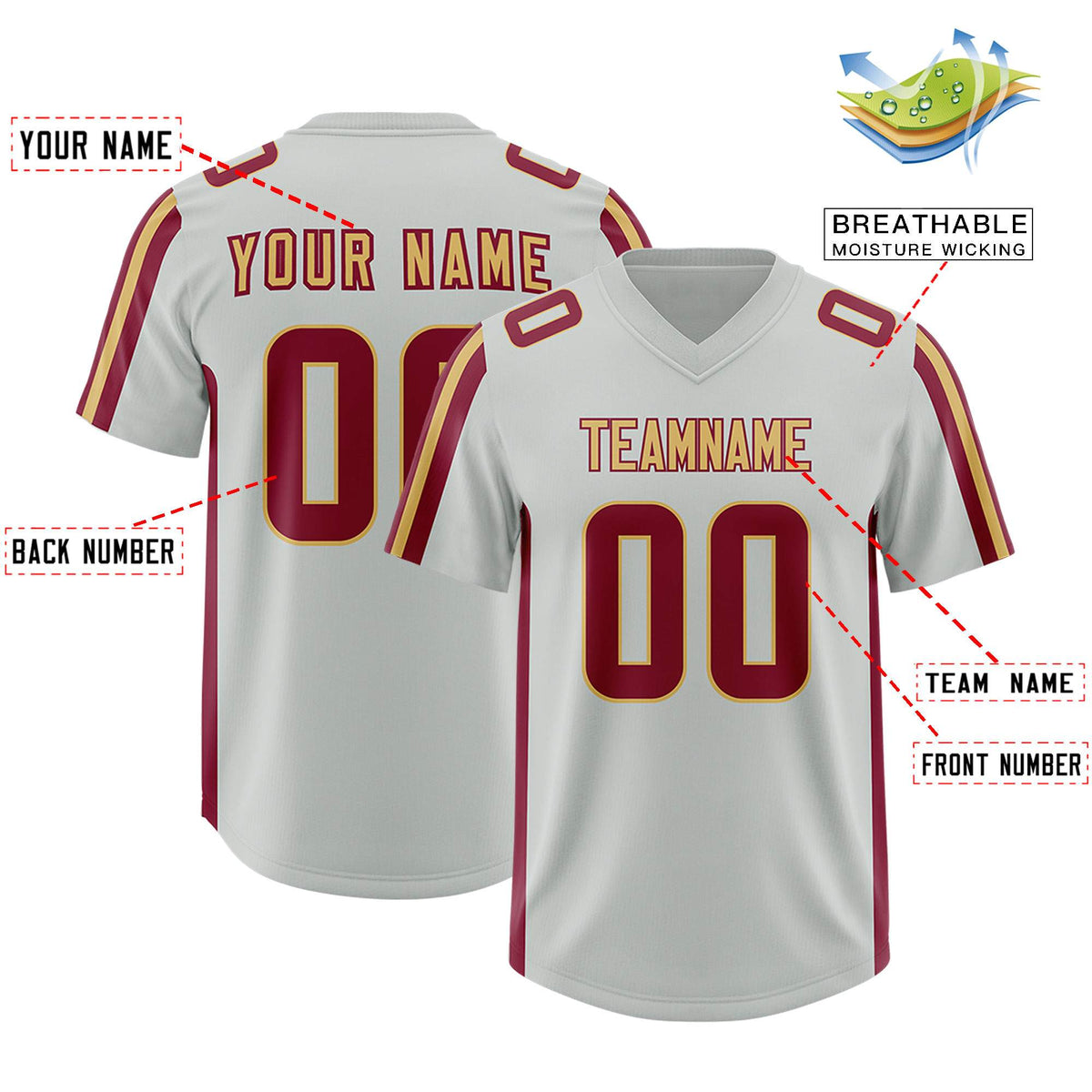 Custom Gray Crimson and Old Gold Side Stripe Pattern Authentic Football Jersey