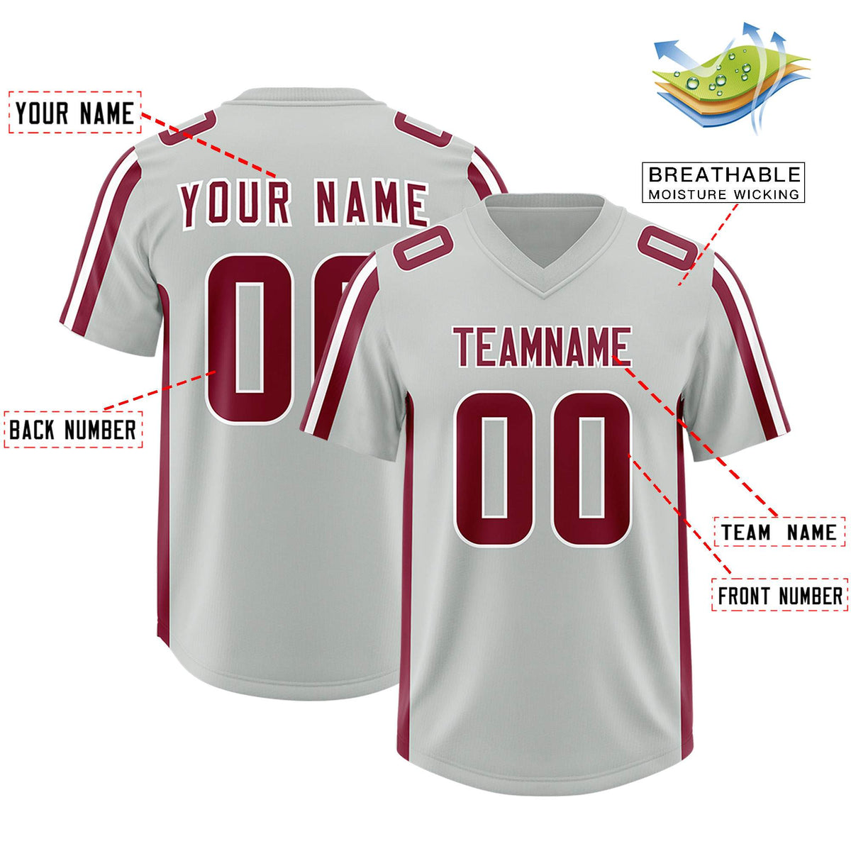 Custom Gray Crimson and White Side Stripe Pattern Authentic Football Jersey