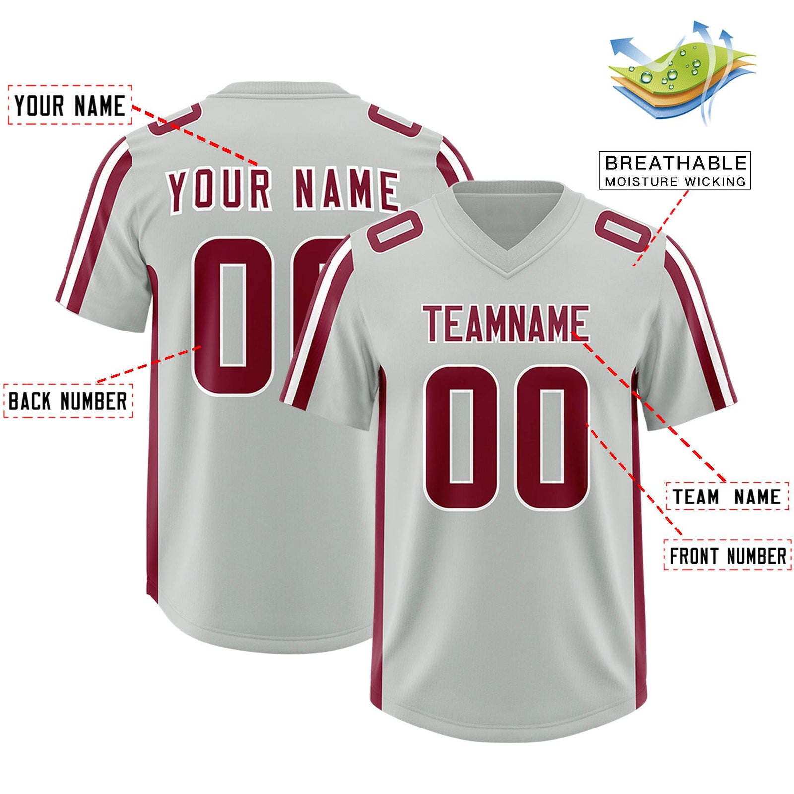 Custom Gray Crimson and White Side Stripe Pattern Authentic Football Jersey