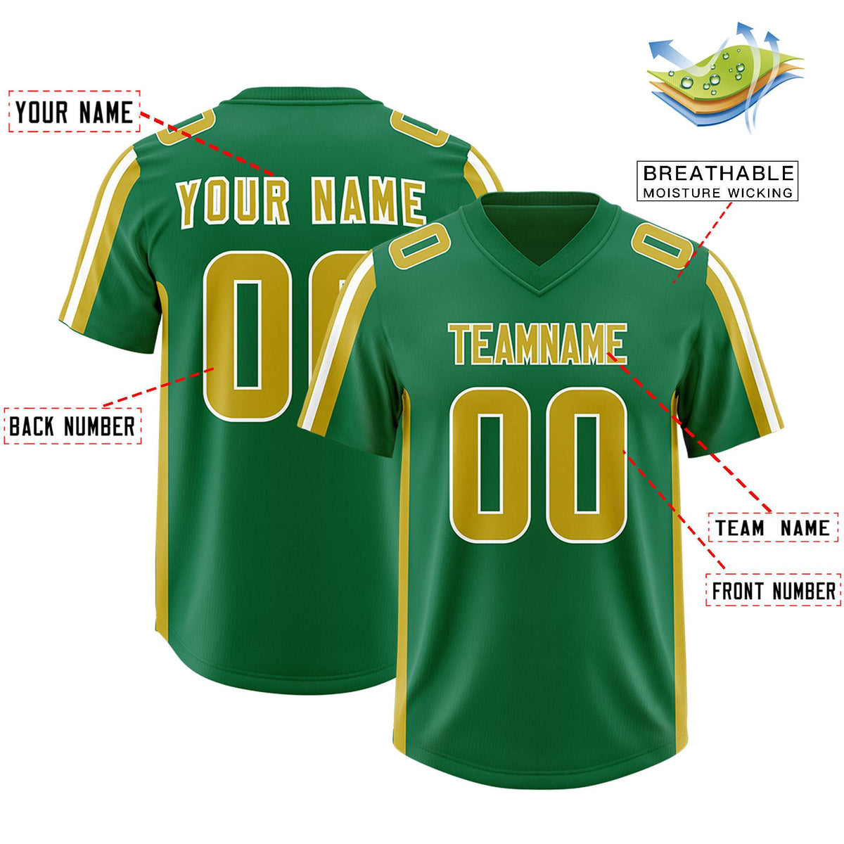 Custom Kelly Green Old Gold and White Side Stripe Pattern Authentic Football Jersey