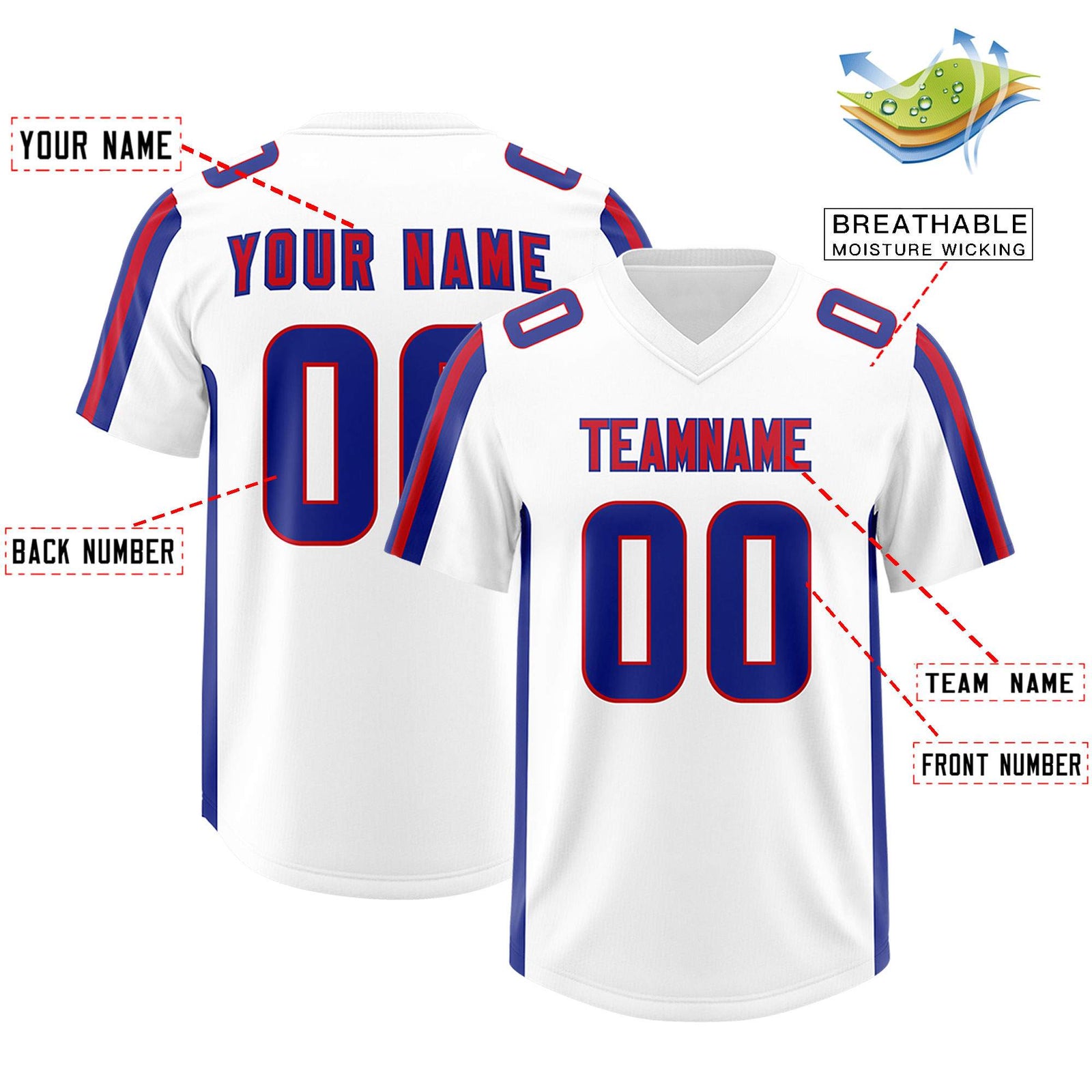 Custom White Royal and Red Side Stripe Pattern Authentic Football Jersey