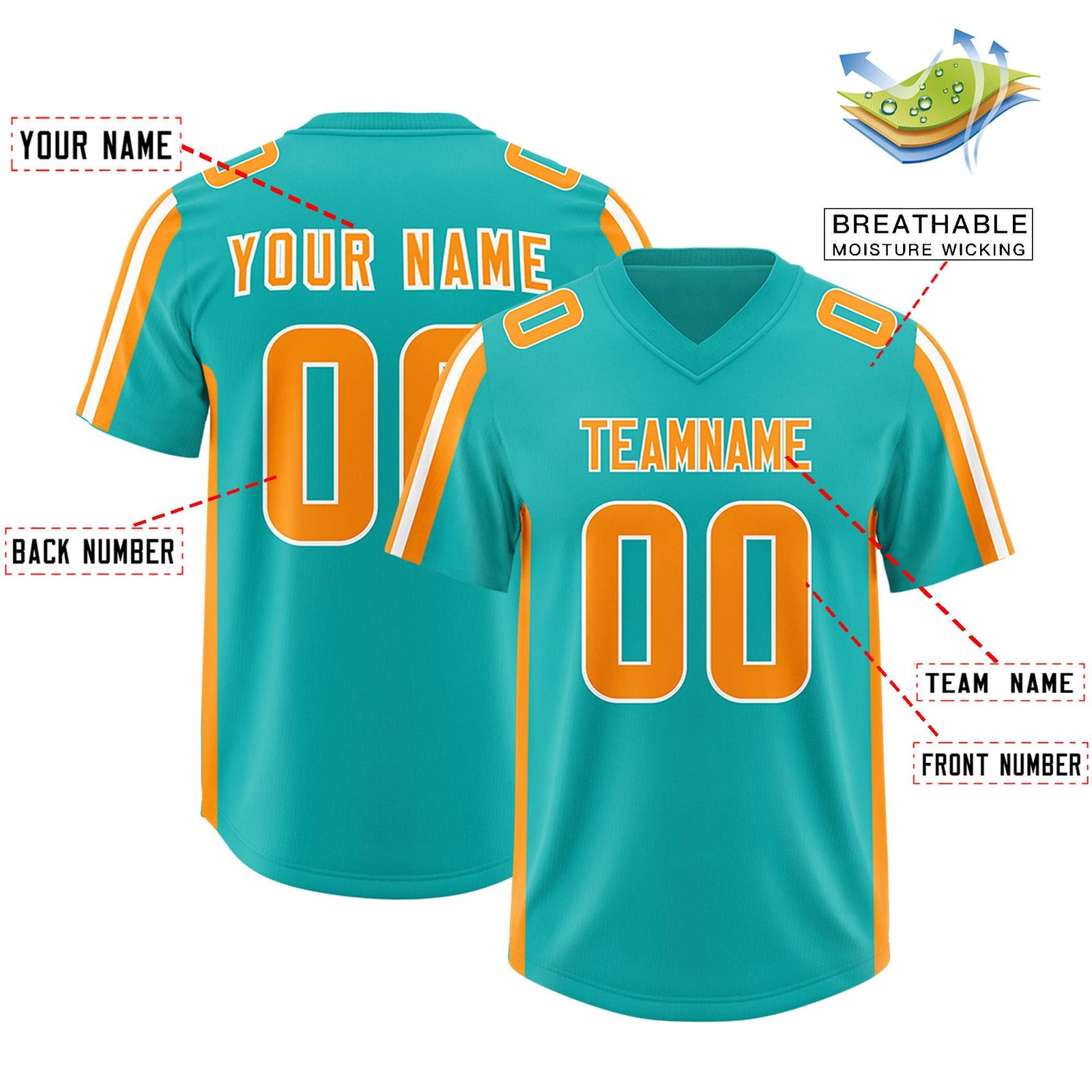 Custom Aqua Orange and White Side Stripe Pattern Authentic Football Jersey