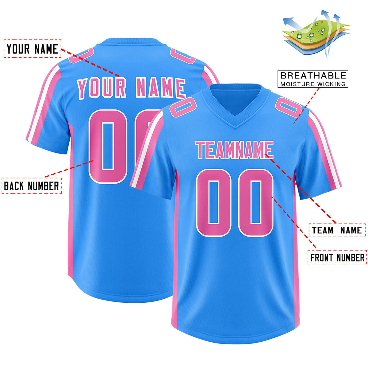 Custom Light Blue Pink and White Side Stripe Pattern Authentic Football Jersey