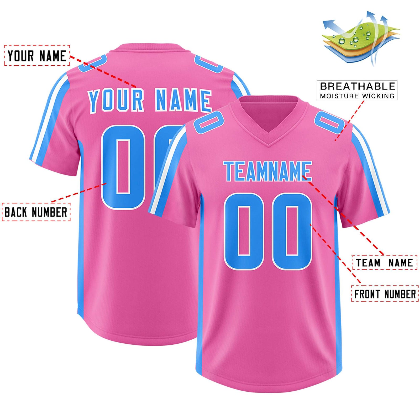 Custom Pink Light Blue and White Side Stripe Pattern Authentic Football Jersey