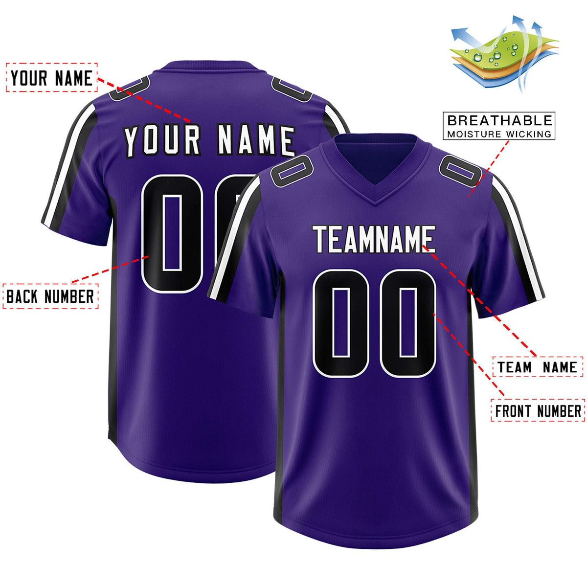 Custom Purple Black and White Side Stripe Pattern Authentic Football Jersey