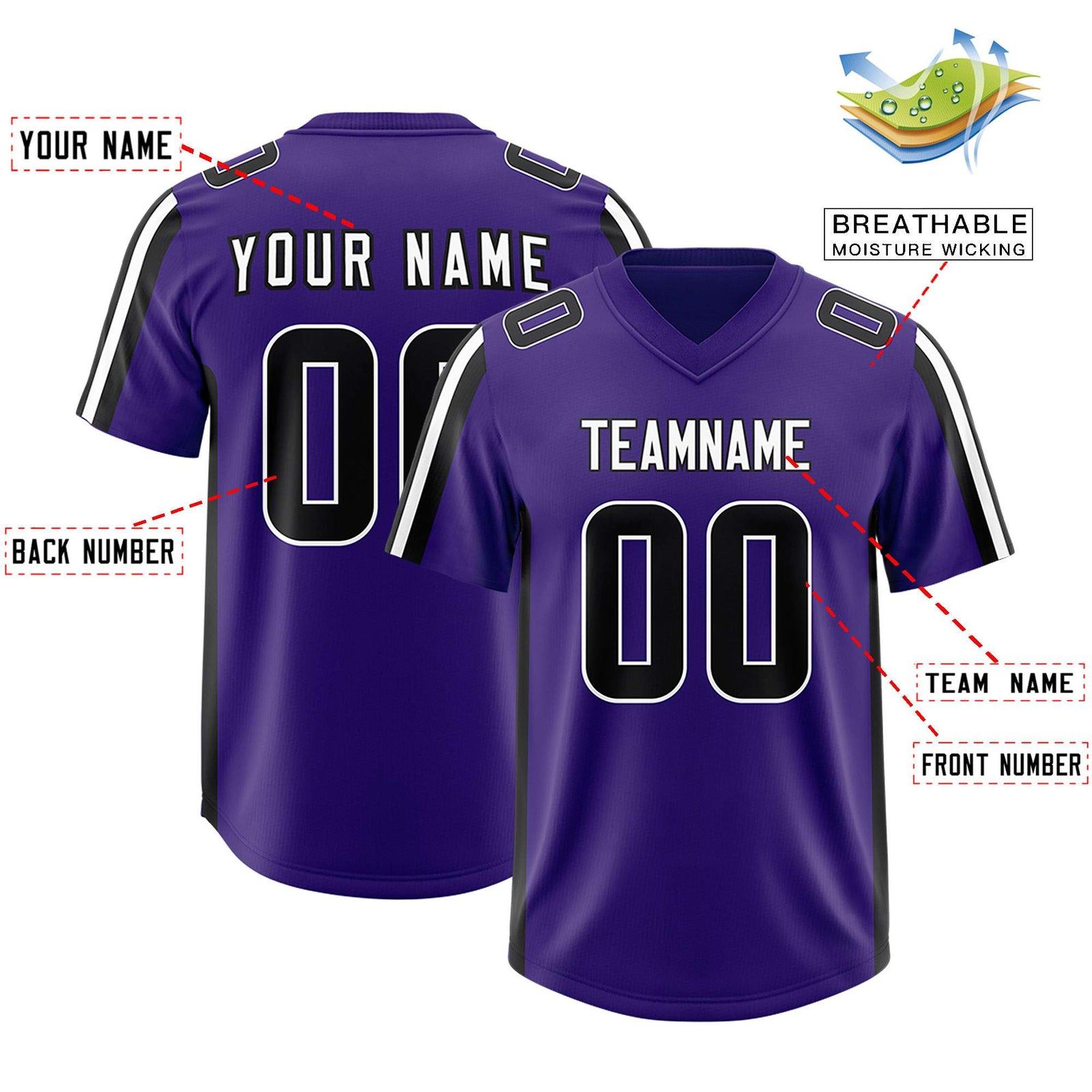 Custom Purple Black and White Side Stripe Pattern Authentic Football Jersey