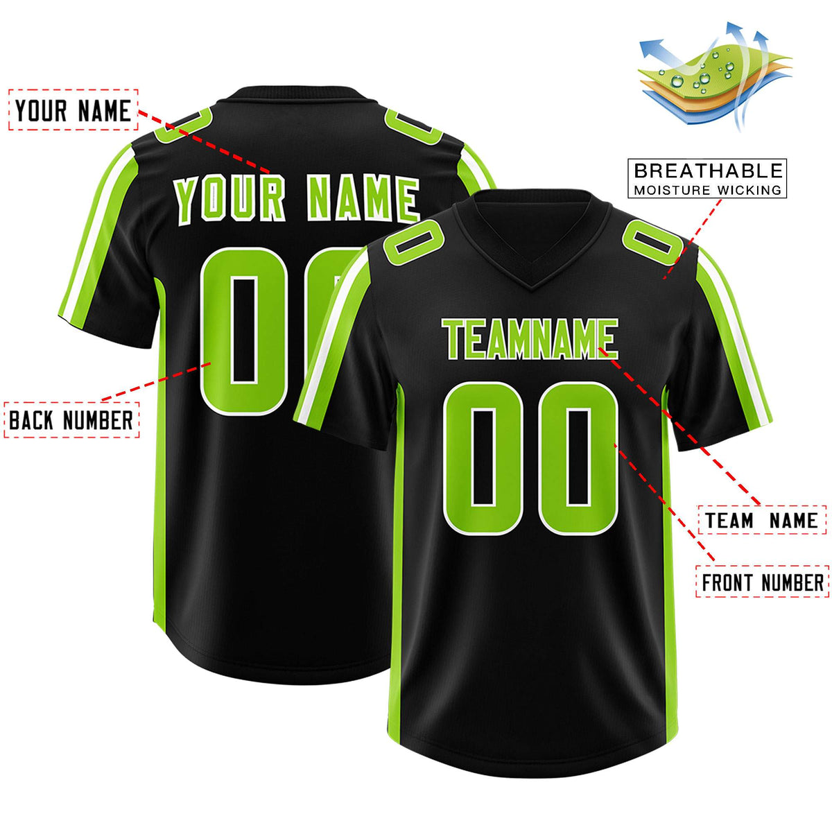 Custom Black Neon Green and White Side Stripe Pattern Authentic Football Jersey