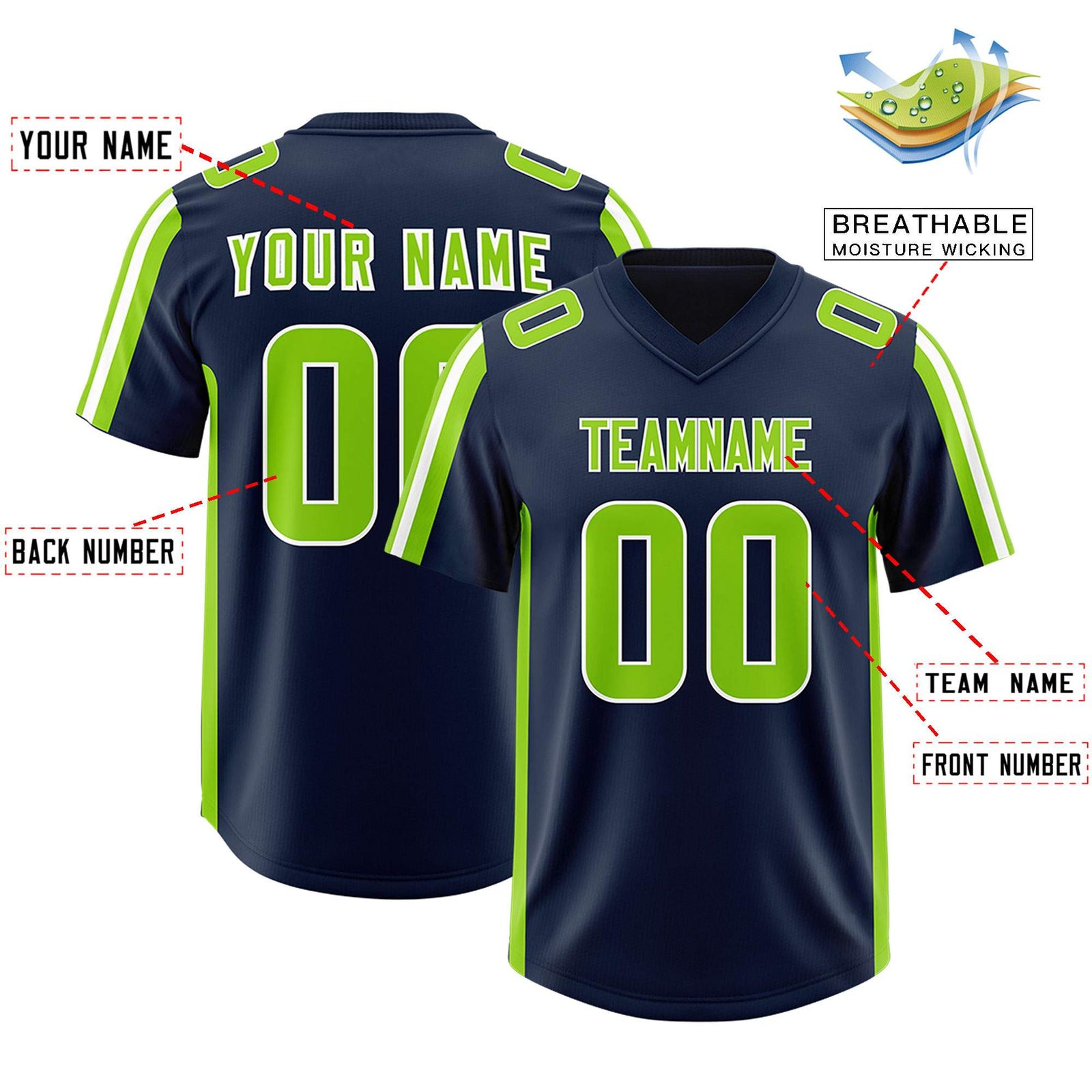 Custom Navy Neon Green and White Side Stripe Pattern Authentic Football Jersey