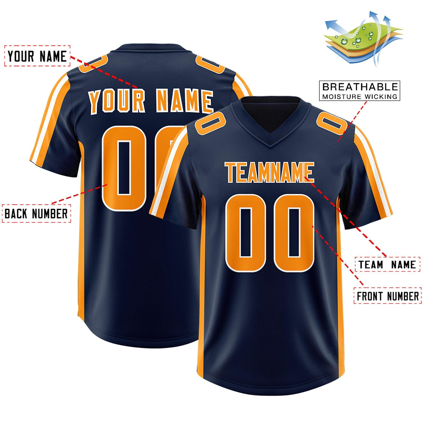 Custom Navy Orange and White Side Stripe Pattern Authentic Football Jersey