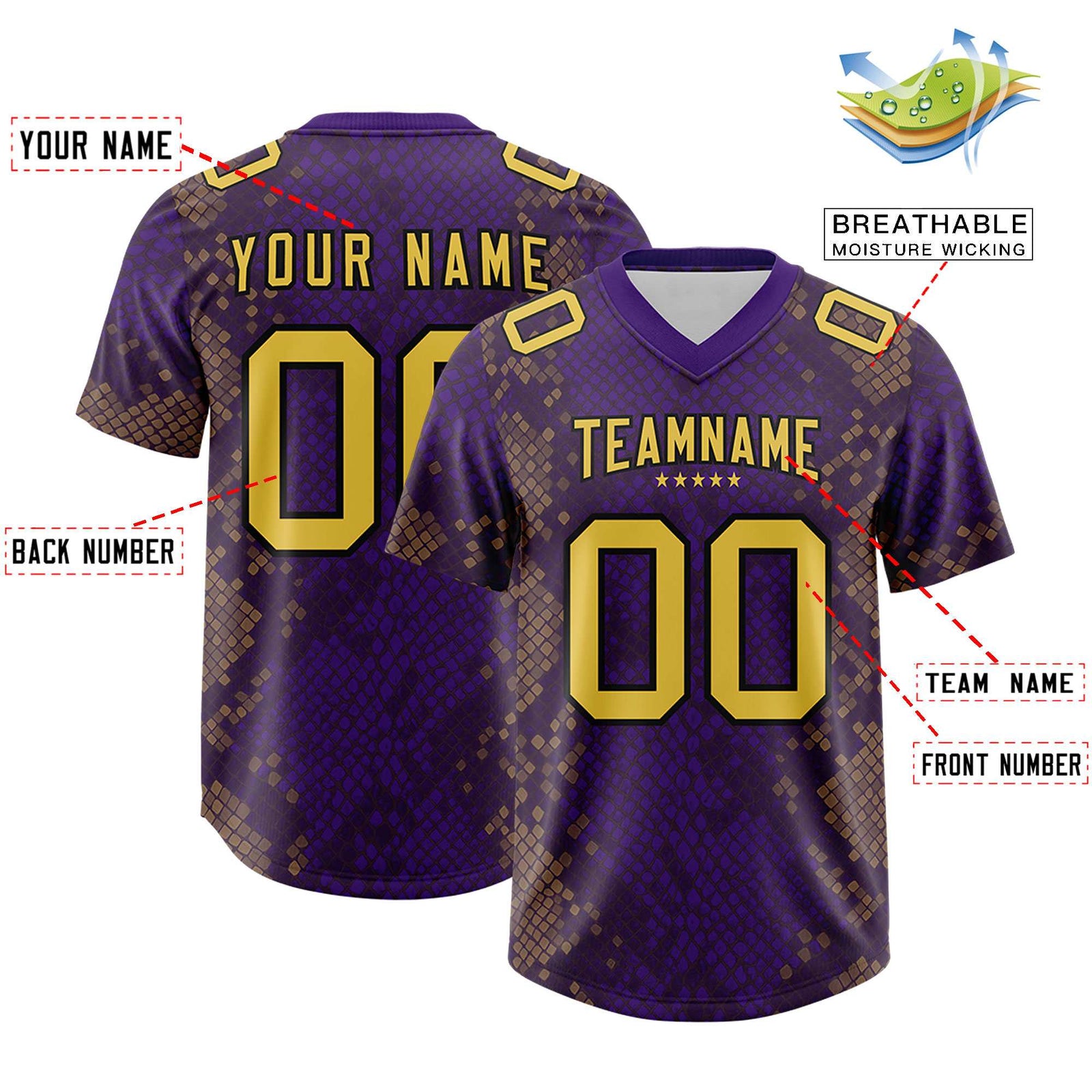 Custom Purple Personalized Snakeskin Graffiti Pattern Authentic Football Jersey