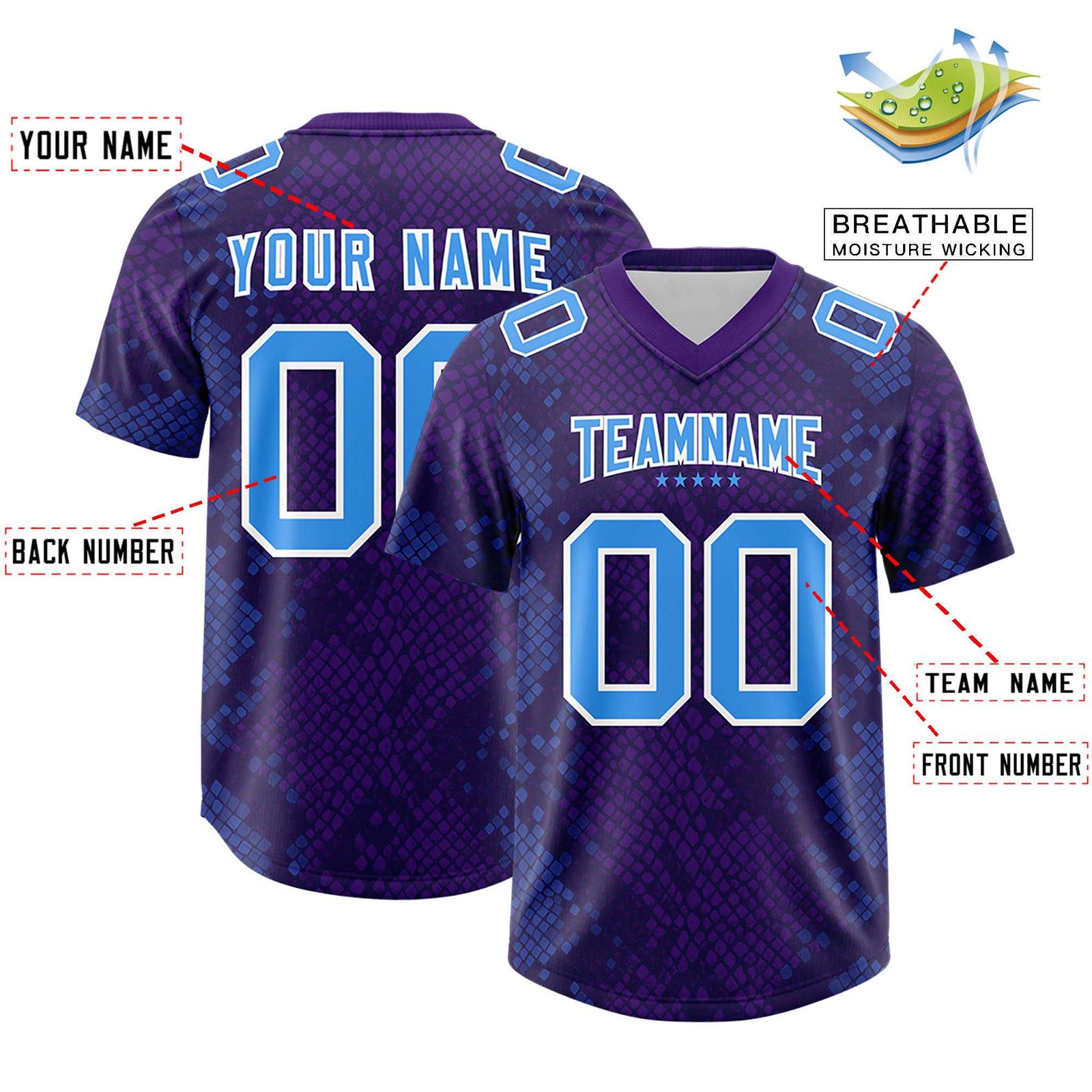 Custom Purple Personalized Snakeskin Graffiti Pattern Authentic Football Jersey