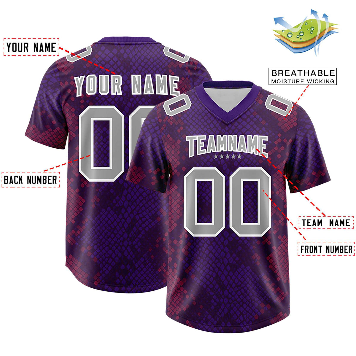 Custom Purple Personalized Snakeskin Graffiti Pattern Authentic Football Jersey